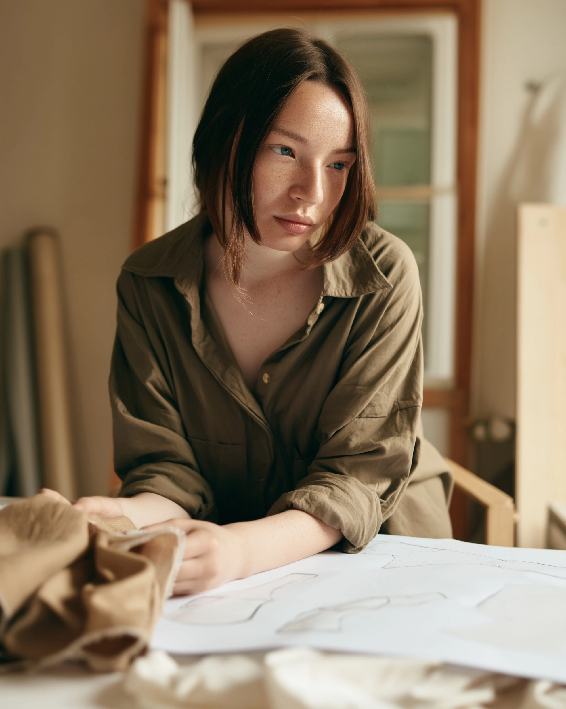 Young designer in studio with natural fabrics and project sketches, warm natural light