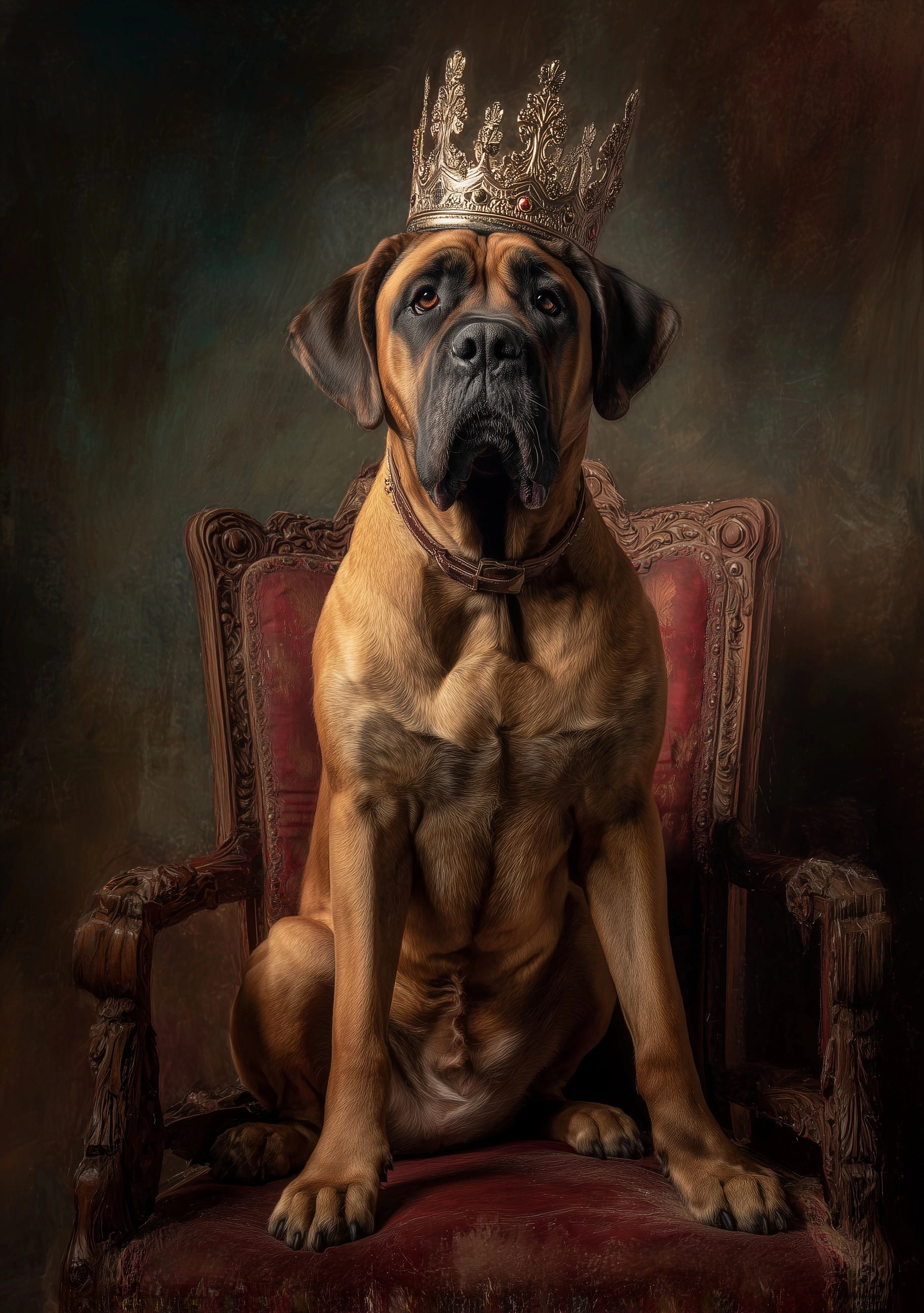 Portrait of a Mastiff wearing a royal crown, sitting on an elaborate throne