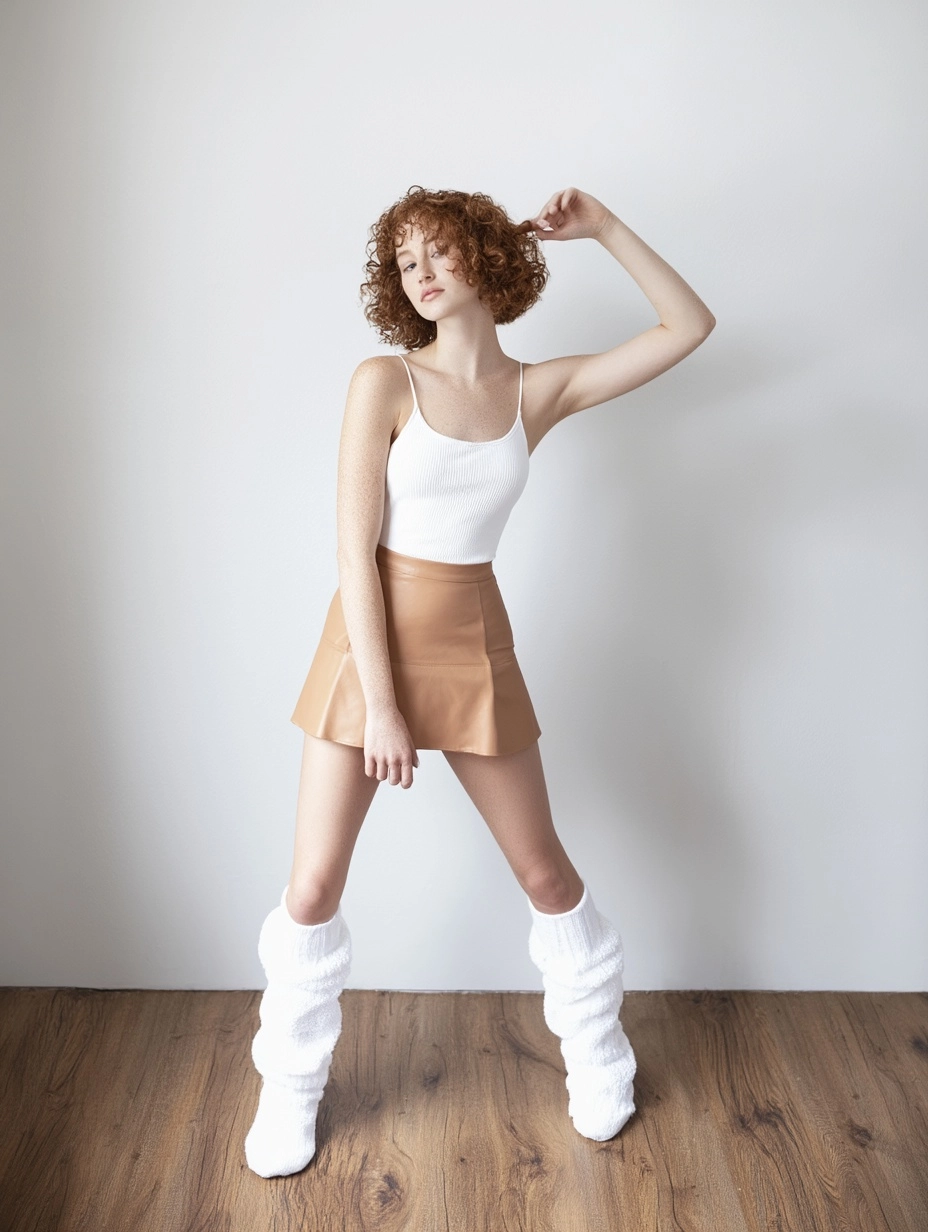 Young white woman with a short curly bob wearing thick white leg warmers