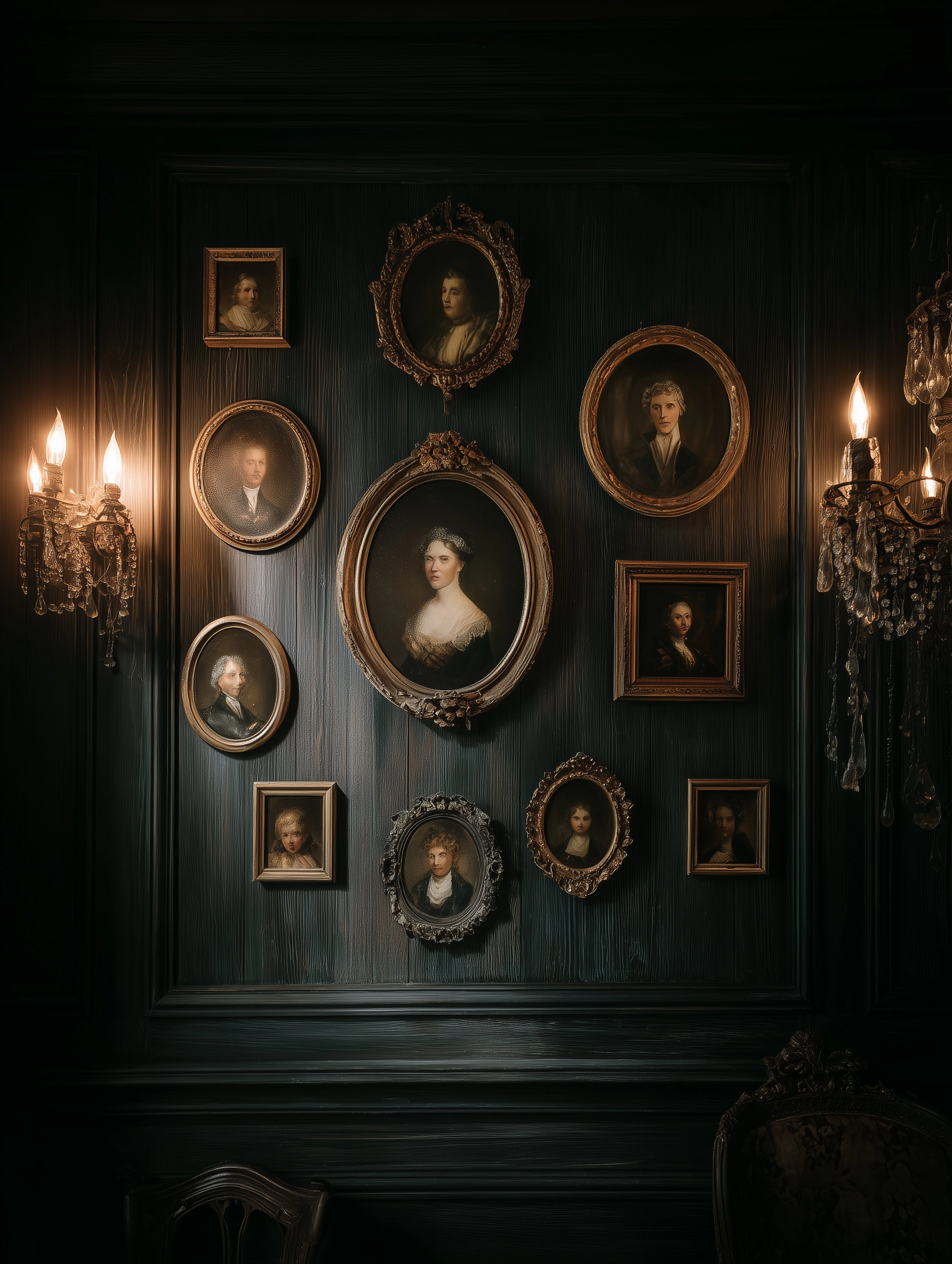 A dark wall with several miniature portraits hanging on it