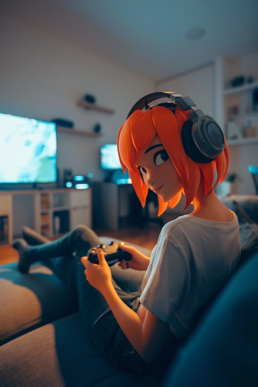 A stylized gamer girl with short orange hair and oversized headphones