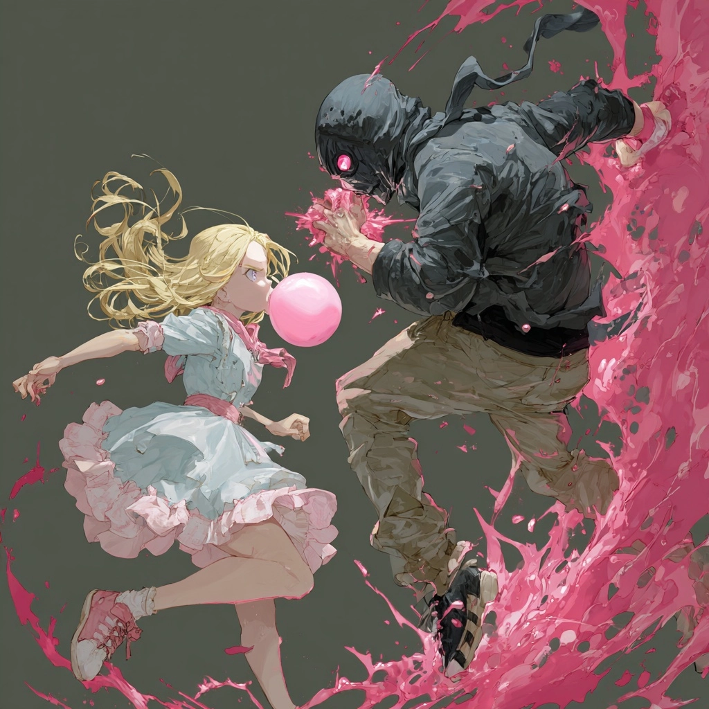 Anime girl with pink bubblegum, fighting a masked villain. she has blonde hair, and wearing a dress.
