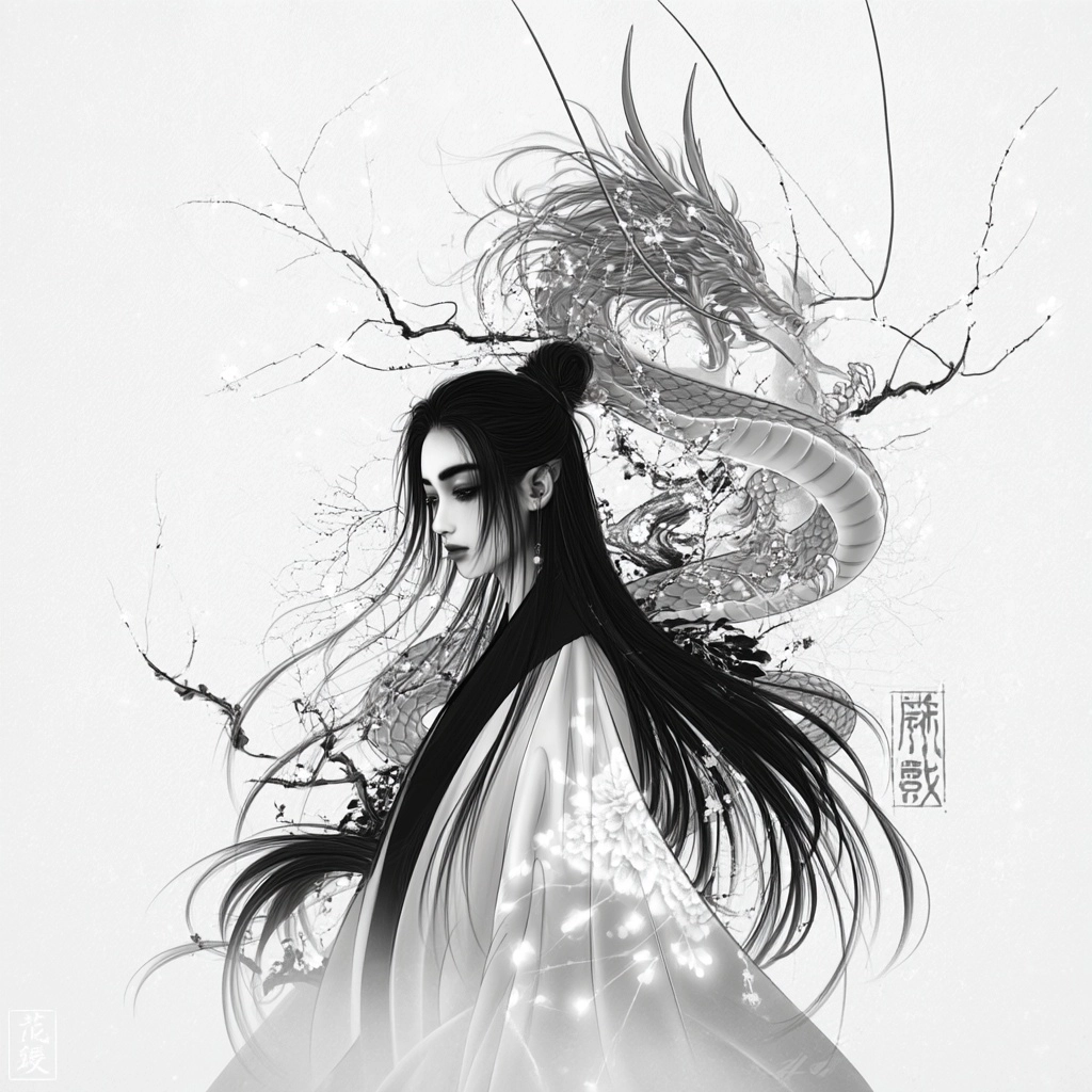 Pencil drawing, hazy feeling, monochrome, very soft depiction, delicate hair, very light color
