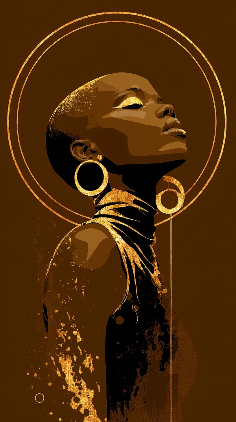 A beautiful african woman, her head tilted back and eyes closed in contemplation with the sun behind