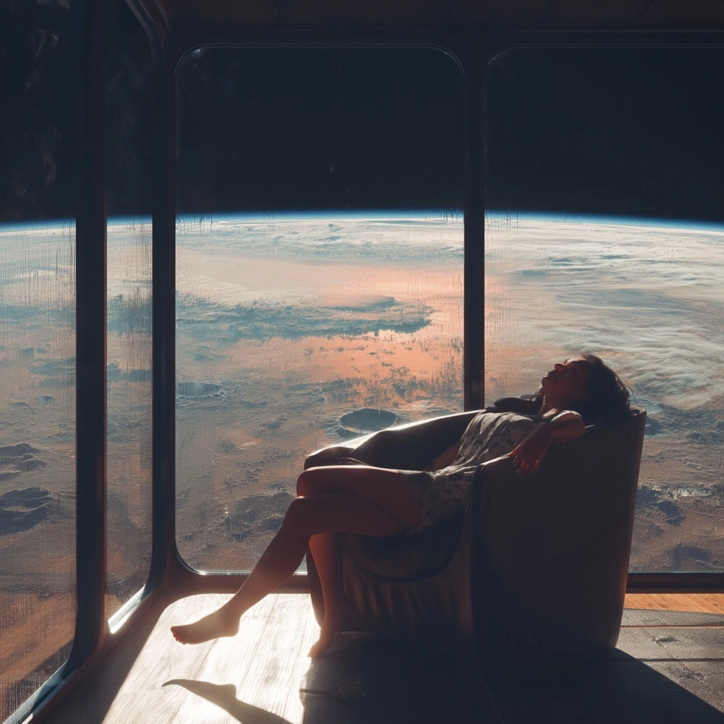 Modern living room on the moon. woman lying on futurisc armchair