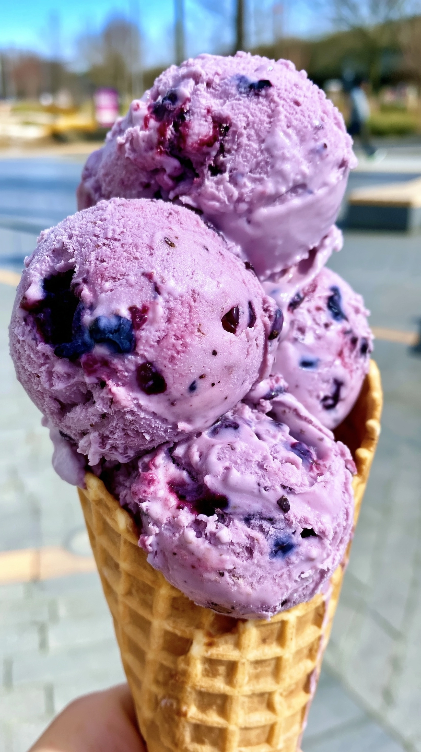 Quick iPhone photo of Several scoops of blueberry ice cream with blueberry chunks inside