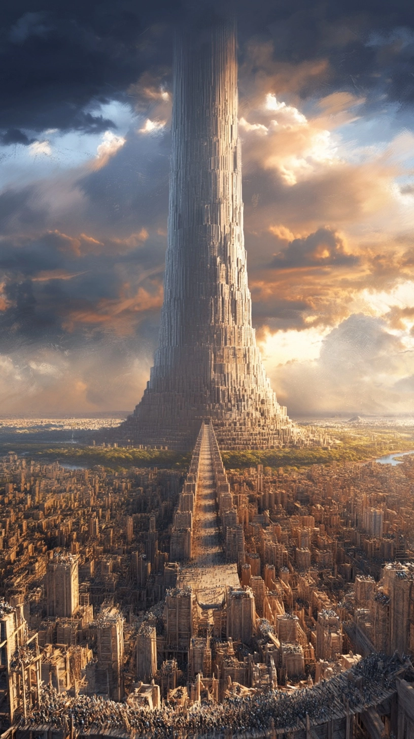 Massive tower reaching the sky, thousands of humans building together, ancient civilization