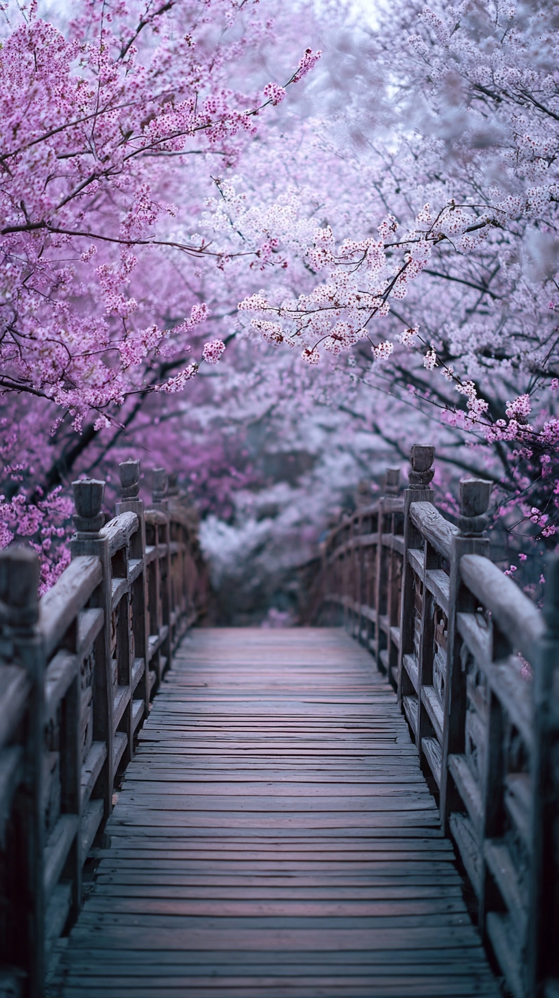 A wooden bridge covered with cherry blossoms, a japanese-style photographic style, dreamy scenery