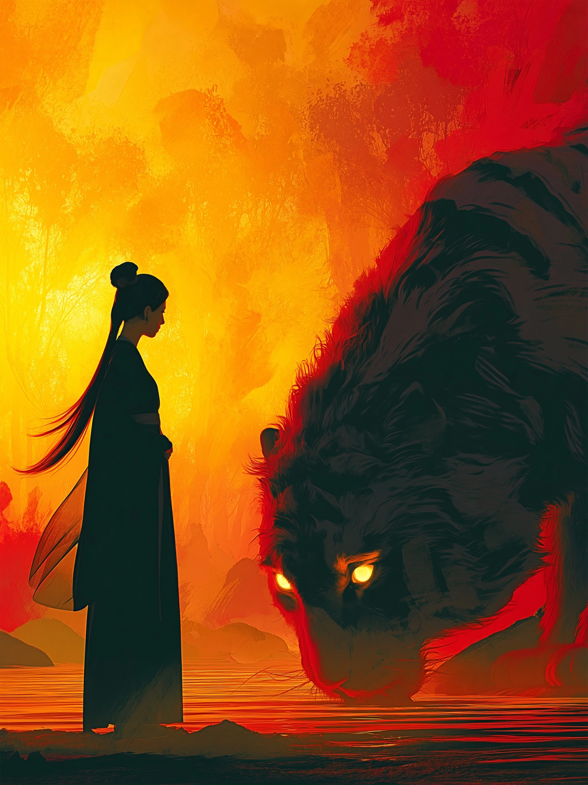 Chinese fantasy style, minimalist, high-contrast colors, dreamy atmosphere, cinematic lighting