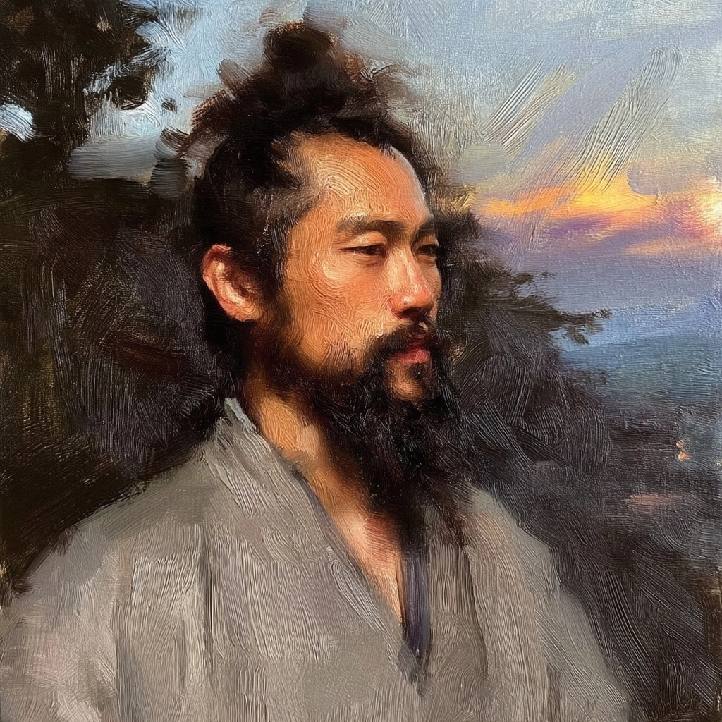 Tiny oil painting, portrait of a brute samurai with wild beard and hair