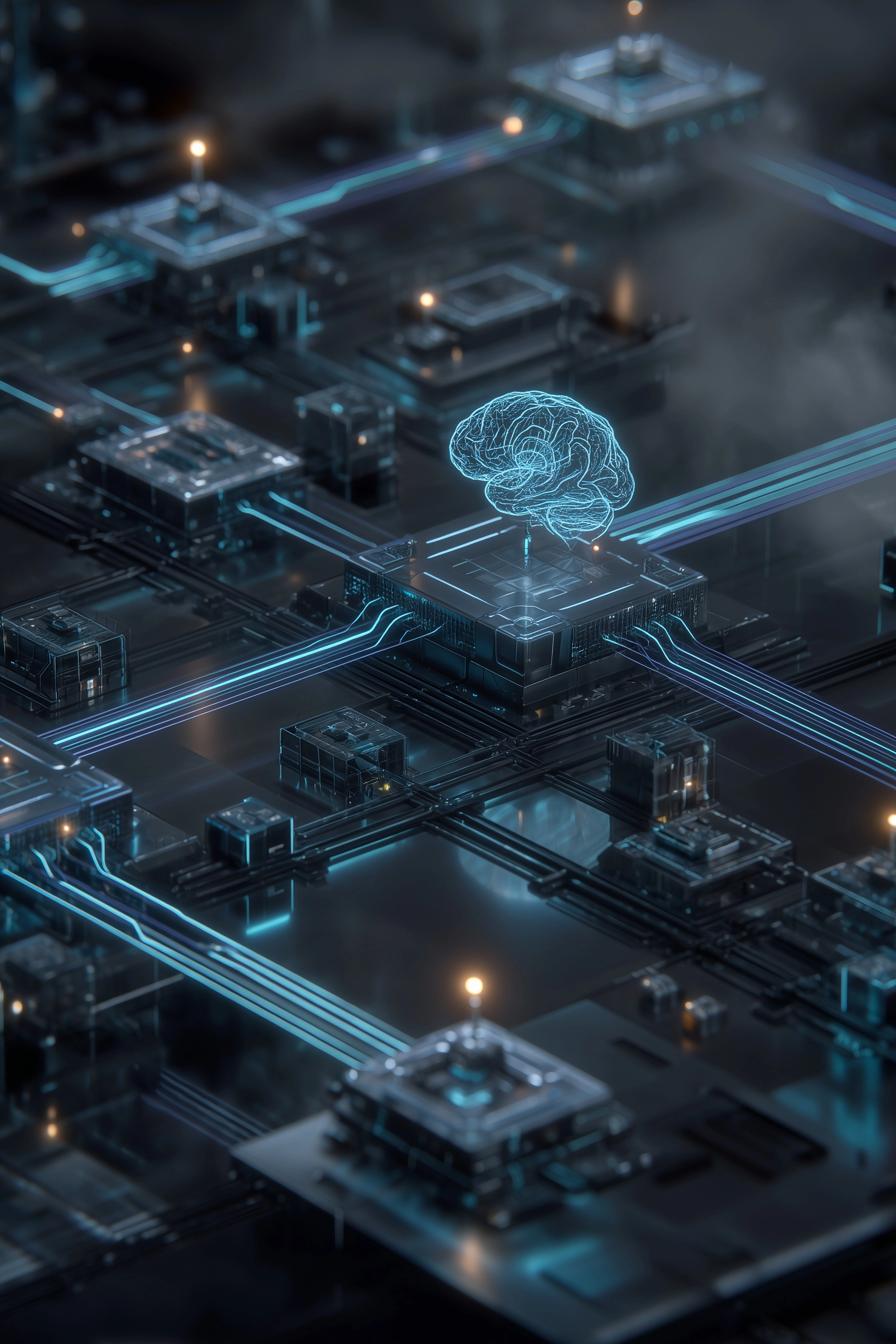 Blender-style cinematic 3D render, side-view perspective of an advanced AI orchestration system in a
