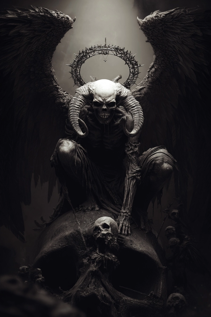 Full-body portrait of the demon prince with large wings, a halo above the head