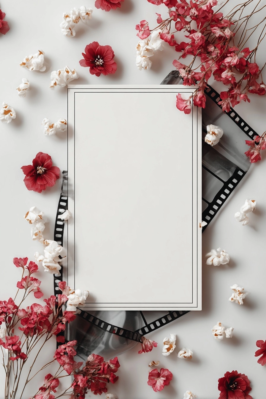 A wedding invite, with a blank space where write infos, with movie films theme