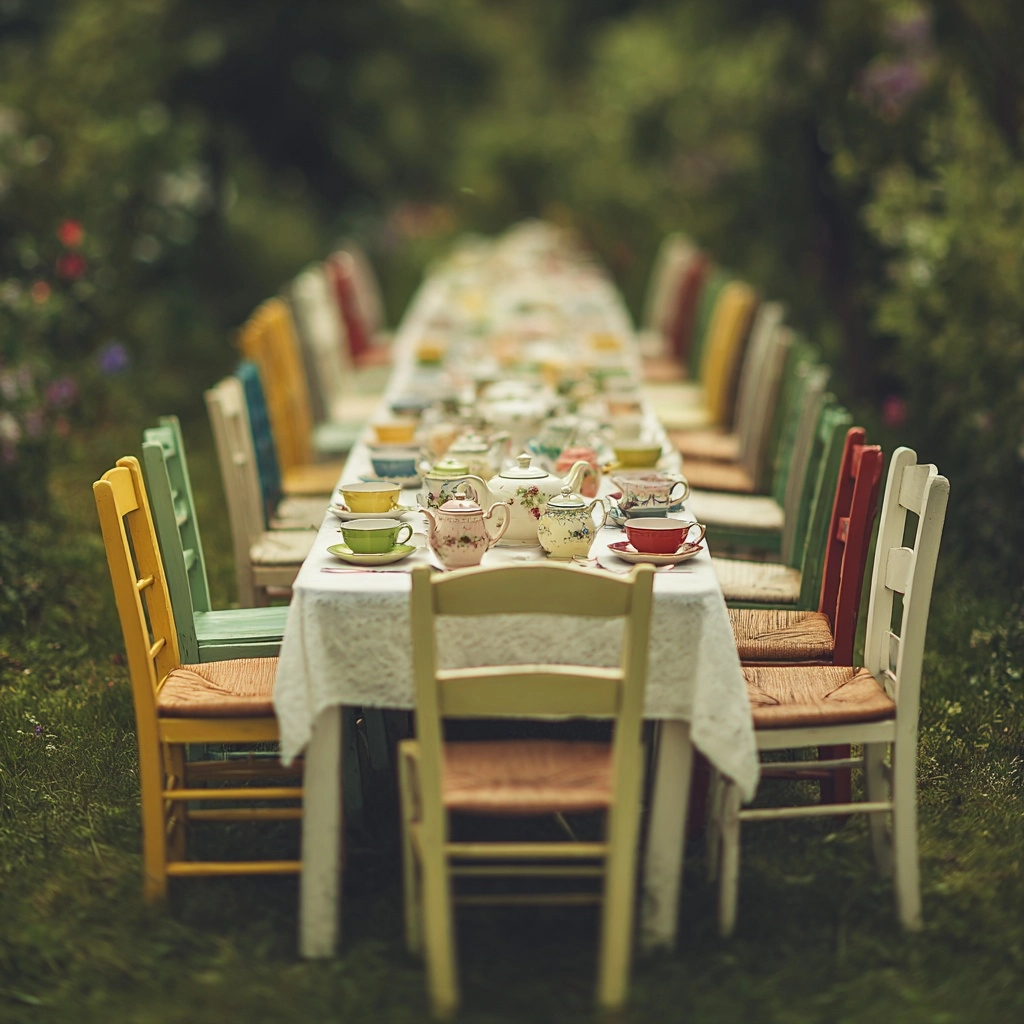 A long simple table set on green grass, covered with a white tablecloth