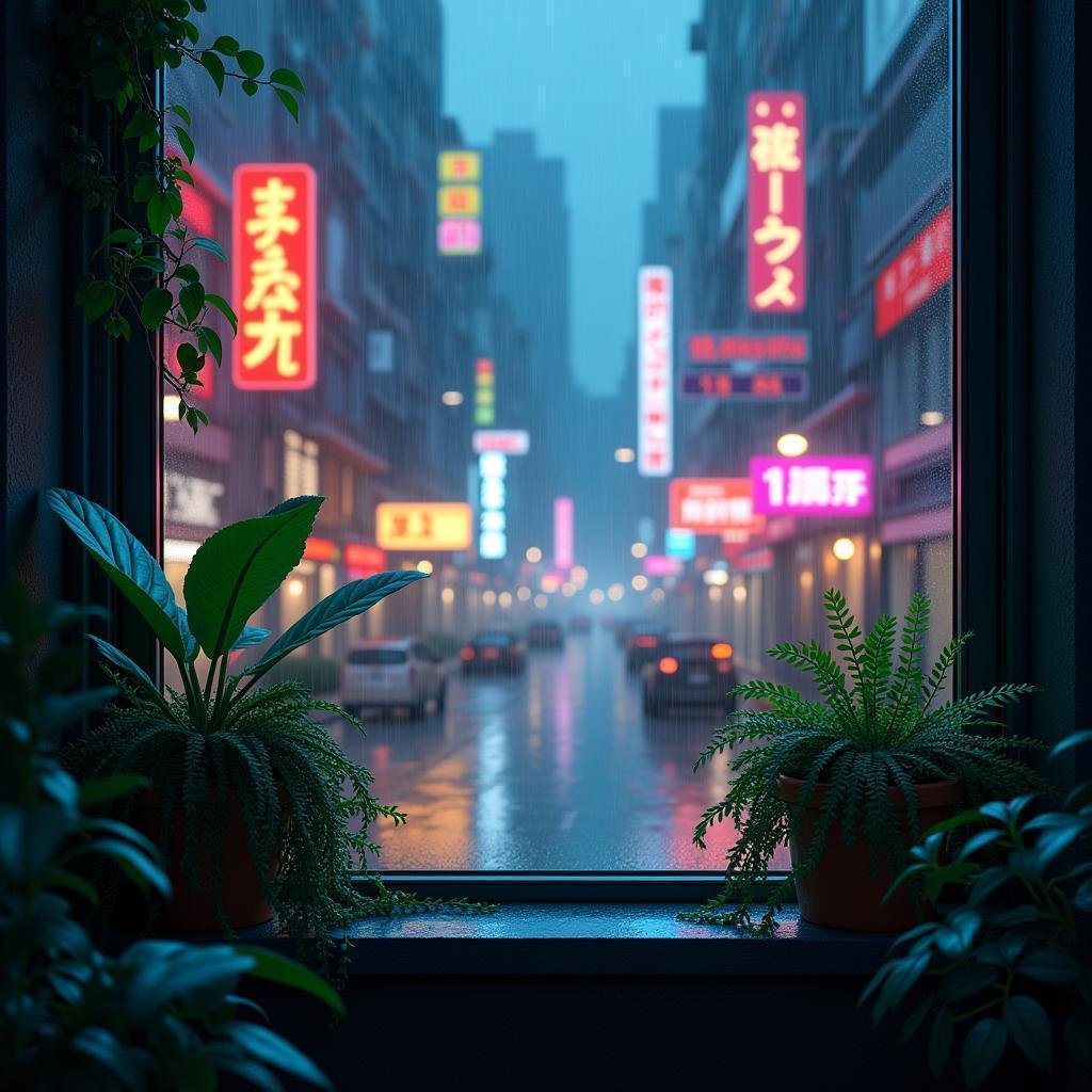 Windowsill Garden Overlooking Rainy Cyberpunk Streets