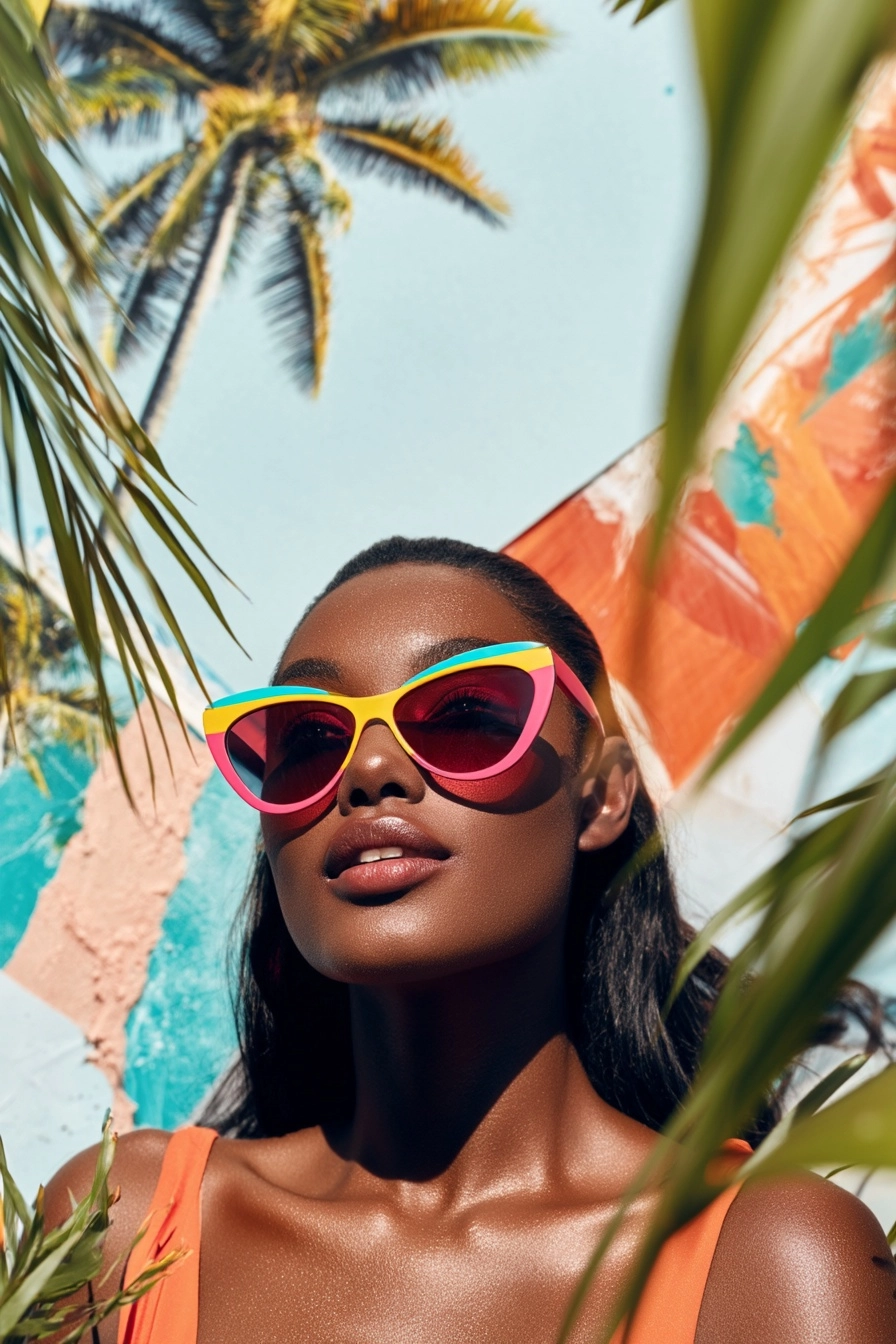 Stylish woman in colorful sunglasses surrounded by tropical plants