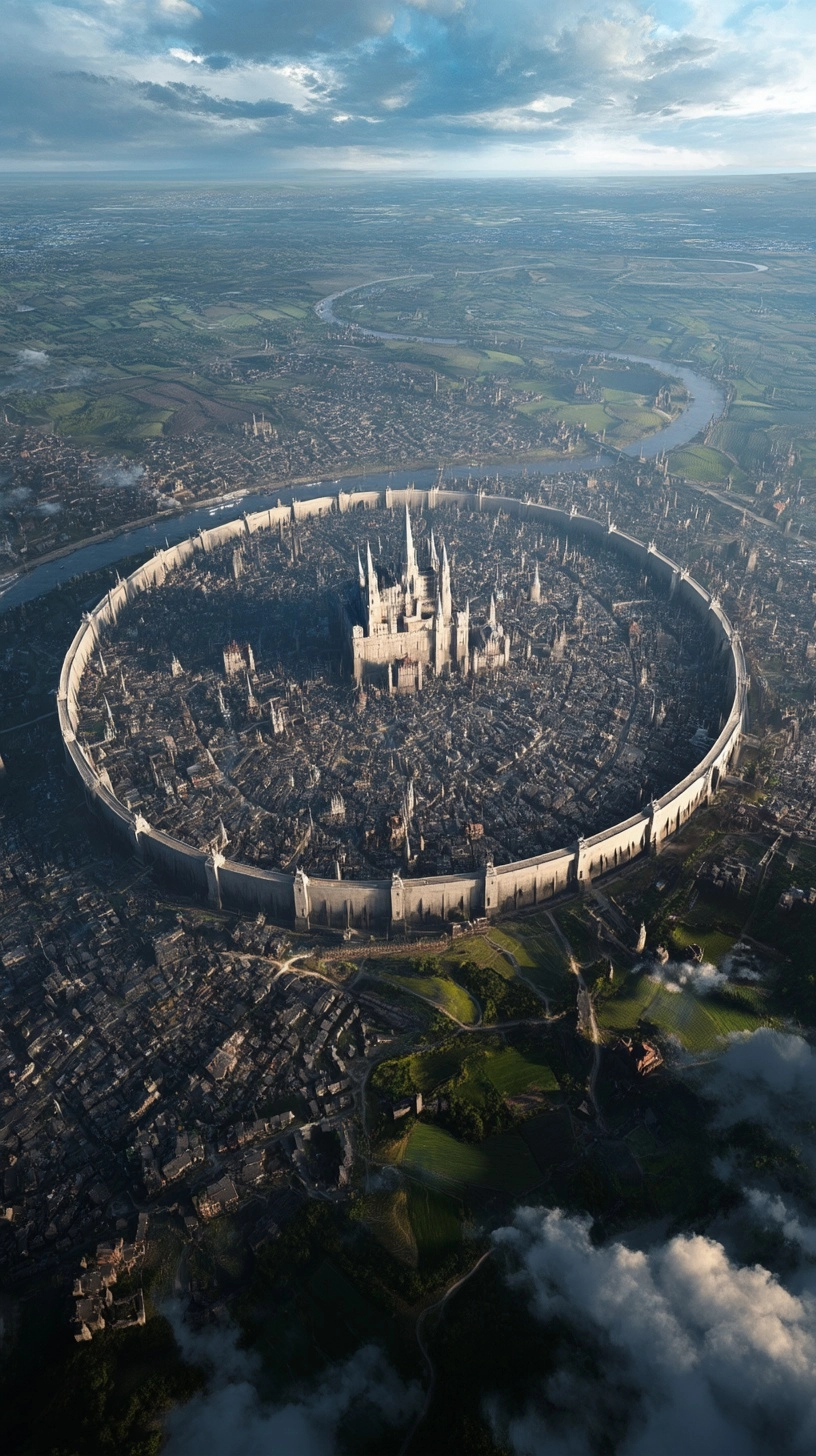 Aerial view of a medieval human kingdom city, large stone walls surrounding the city