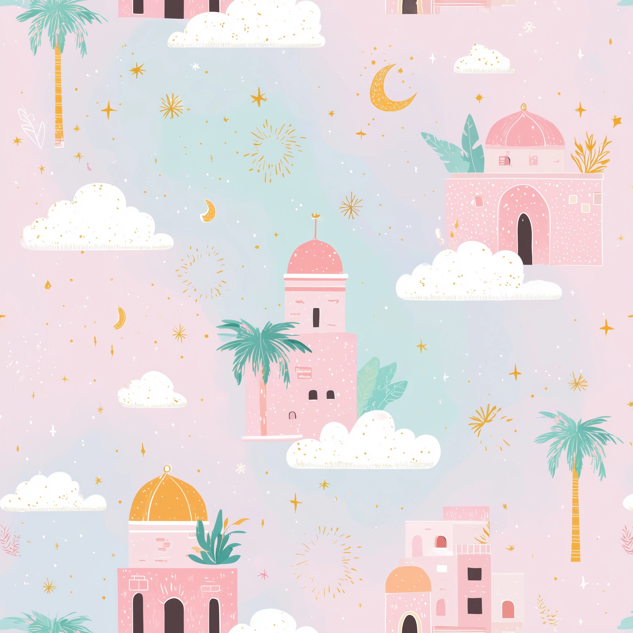 Seamless repeating pattern, story book feel, soft pastel colors, spacious layout