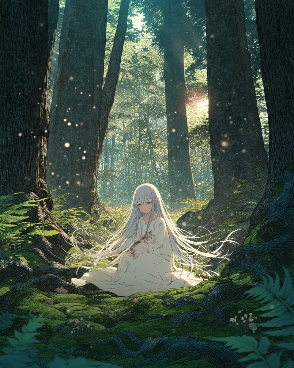 A heartwarming scene in a deep green forest showcasing the theme 'happiness cannot be understood alo
