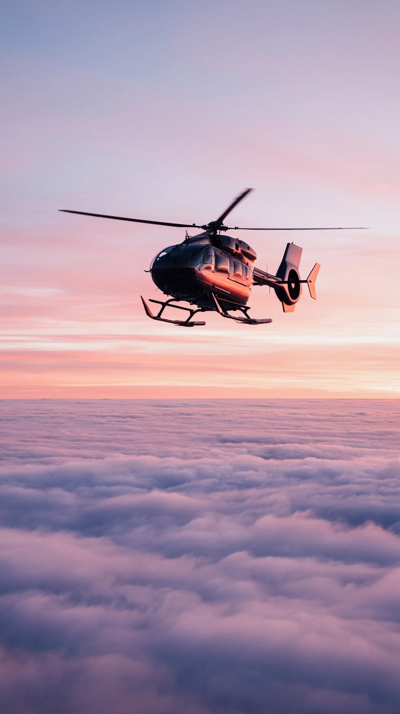 H145 helicopter in full profile cruising above cloud layer at sunrise