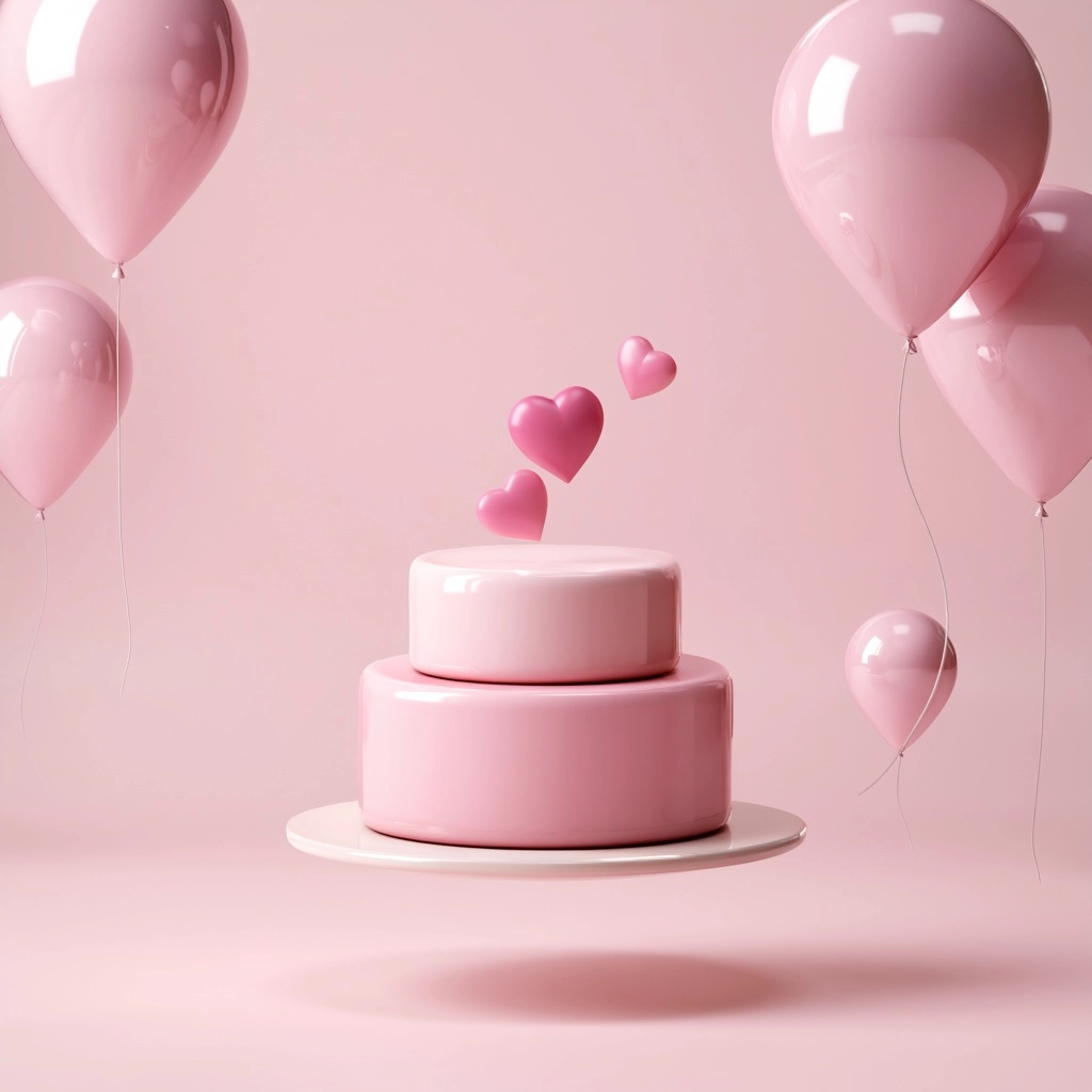 3D beauty show 1st anniversary poster design, cake 3d icon with a pink heart symbols above