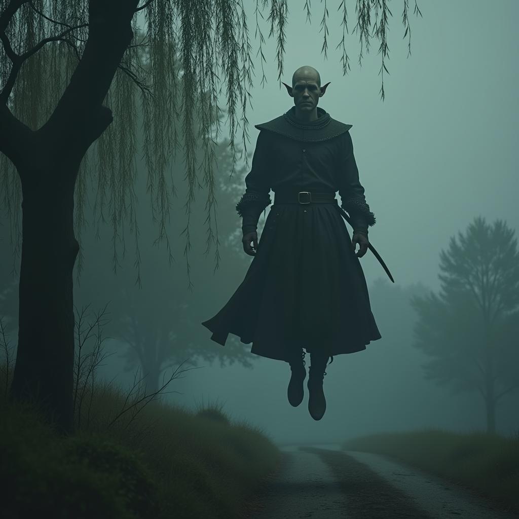 Bald Merchant Demon Floating in Foggy Twilight