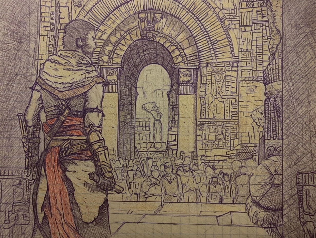 8th grade study hall colored pencil doodle of a lone adventurer looking back over his shoulder at th