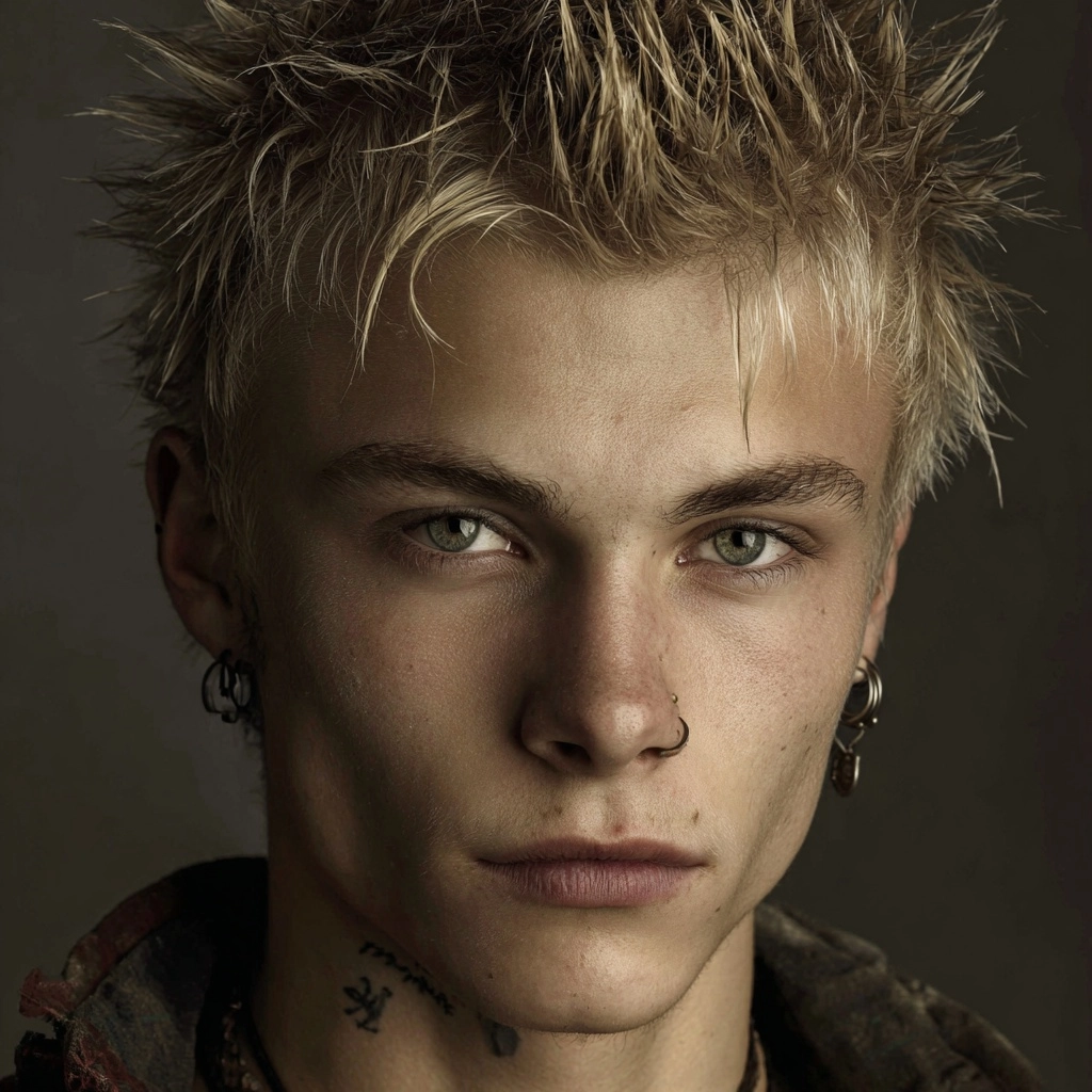 A 24 year old male Brujah Elder named Dion who has natural pale golden blonde hair, green eyes