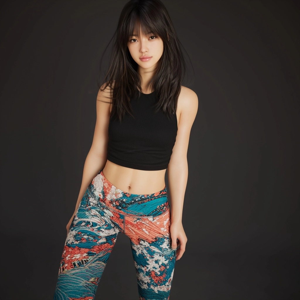 A beautiful Asian girl in yoga pants, with fair skin and a perfect figure, mid shot