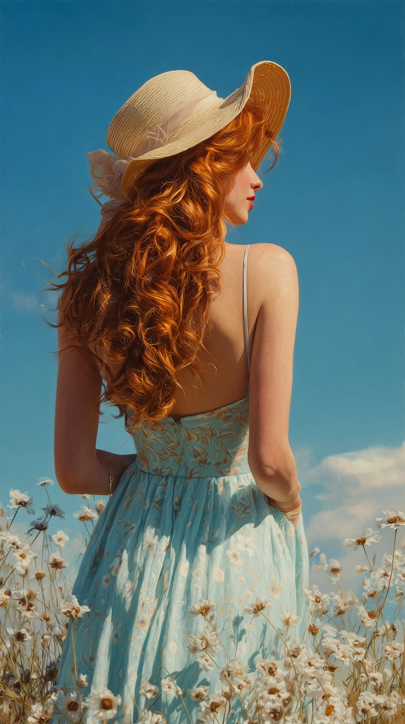 A beautiful Auburn haired woman with an hour glass figure faces away from the camera