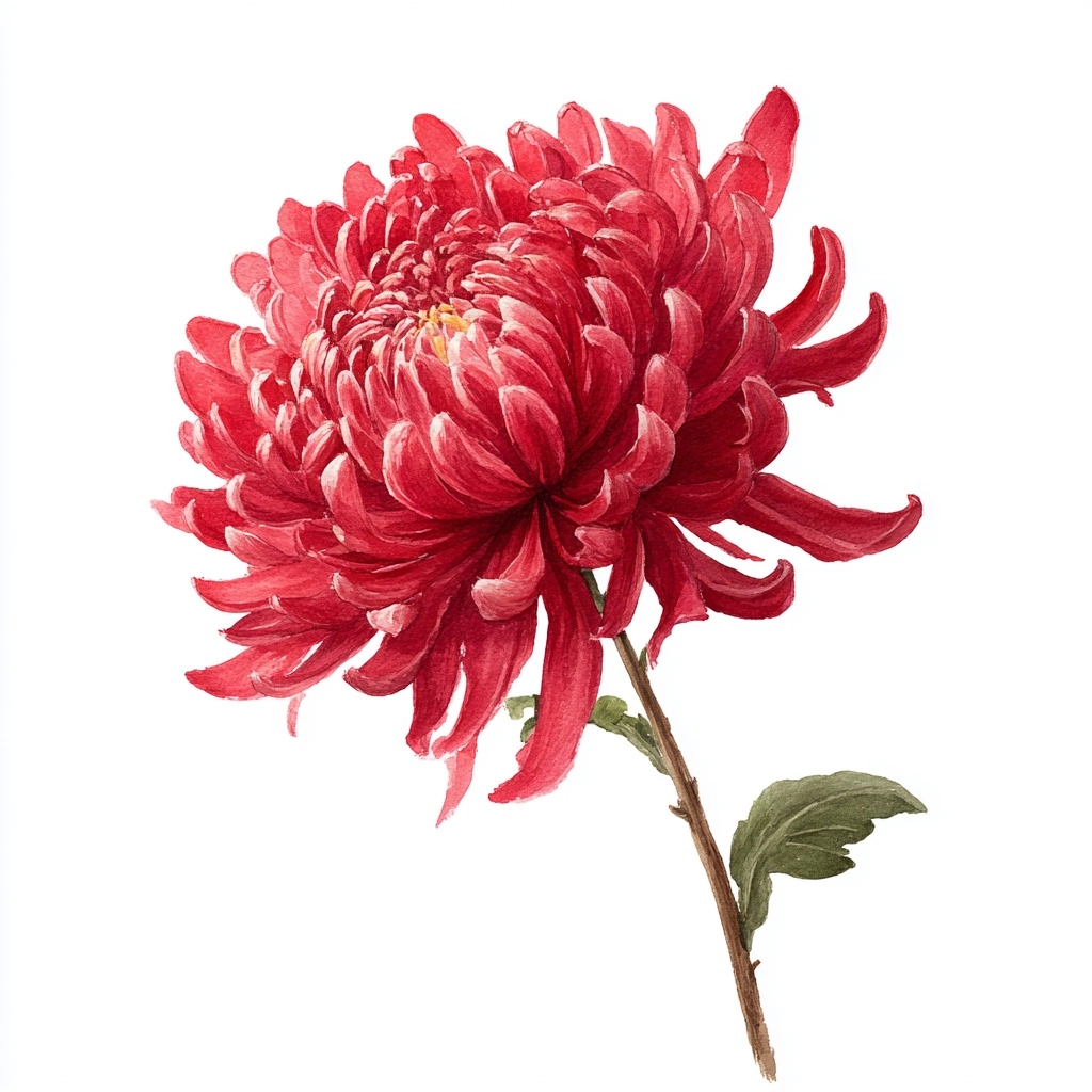 A beautiful watercolor illustration painting of a red Chrysanthemum flower on white background