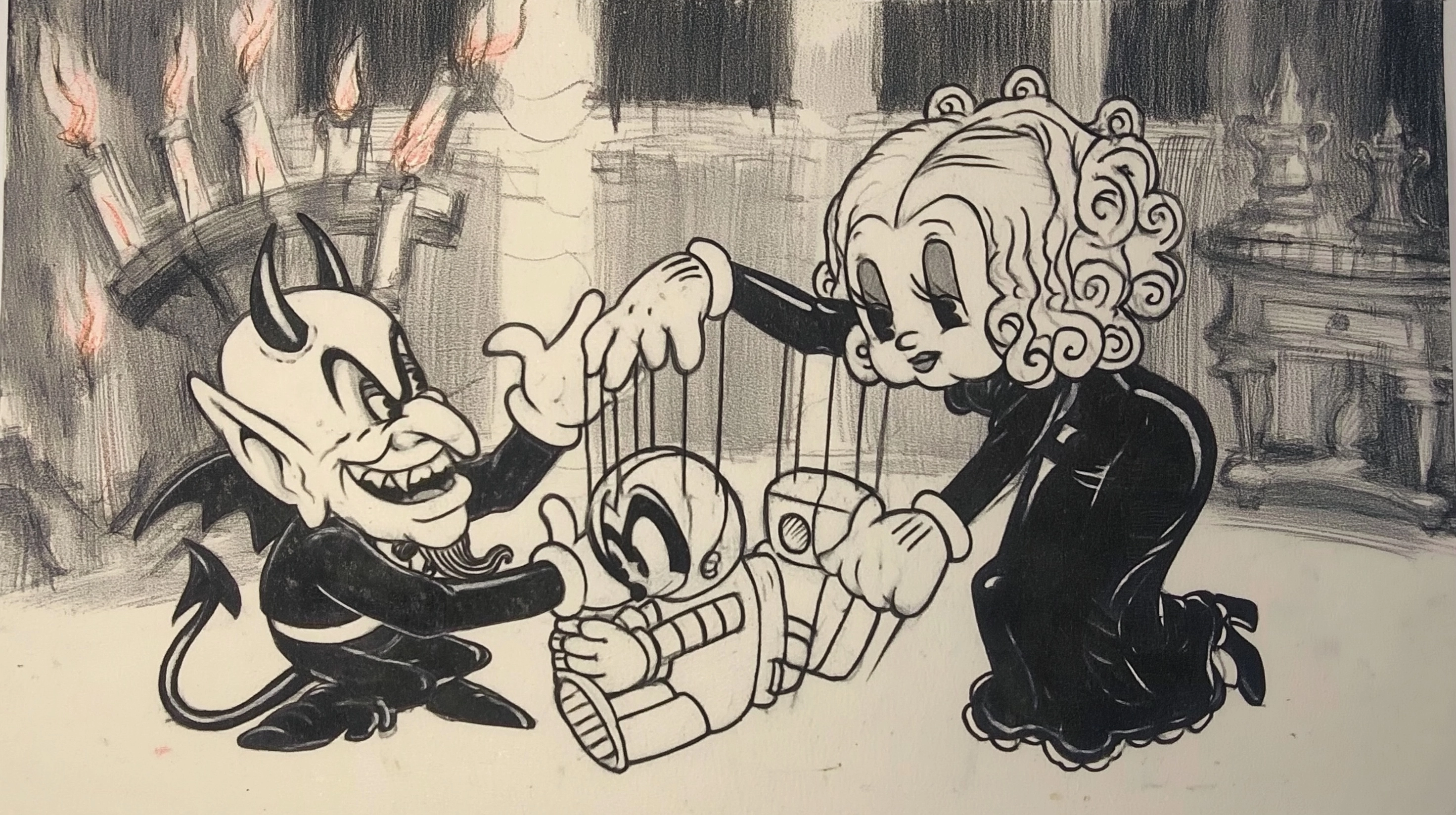 A black and white 1930s era animated cartoon of the devil playing with puppets of an astronaut and a