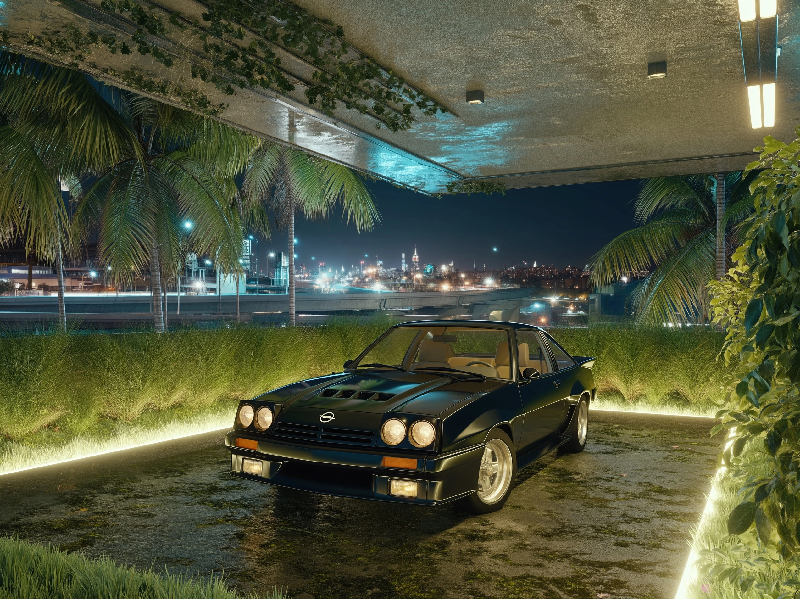 A Black Opel Manta Car at a Terrace of a 90s style Looking Home with Glass Aesthetics and Infrastruc