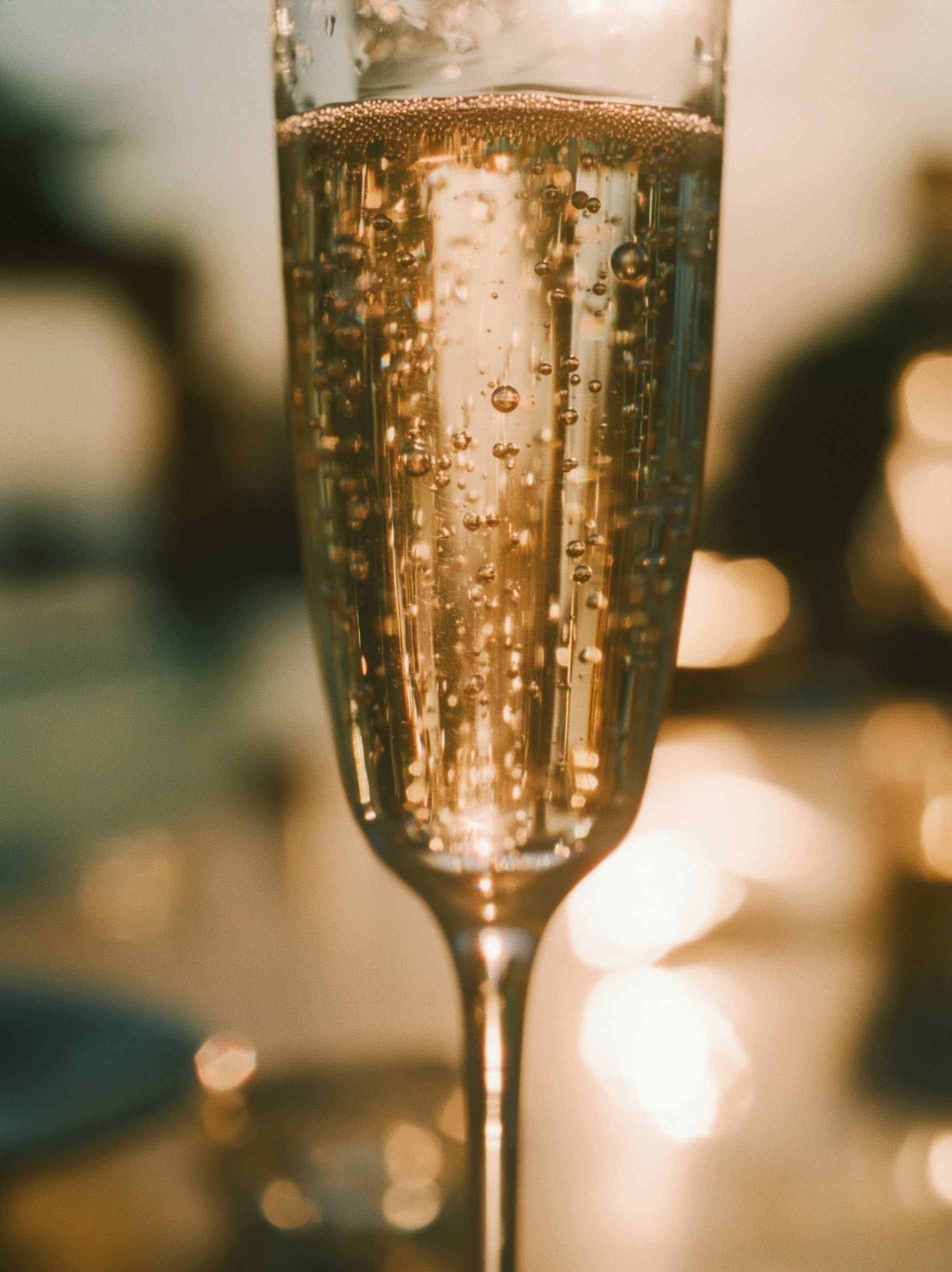 Extreme macro shot of sparkling white wine in a glass, tiny bubbles rising through golden liquid