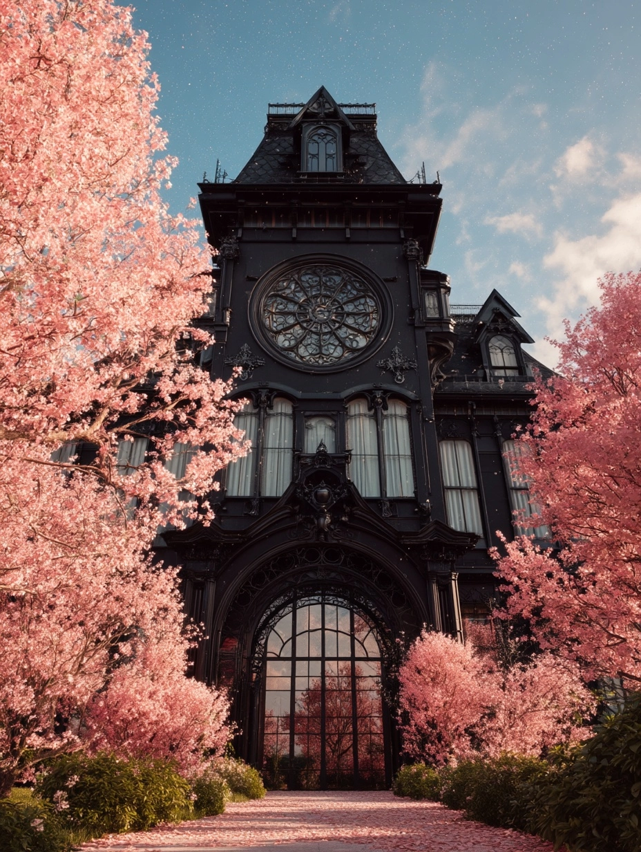 Award winning photography, A whimsical ornate black Gothic mansion with a intricate circle window