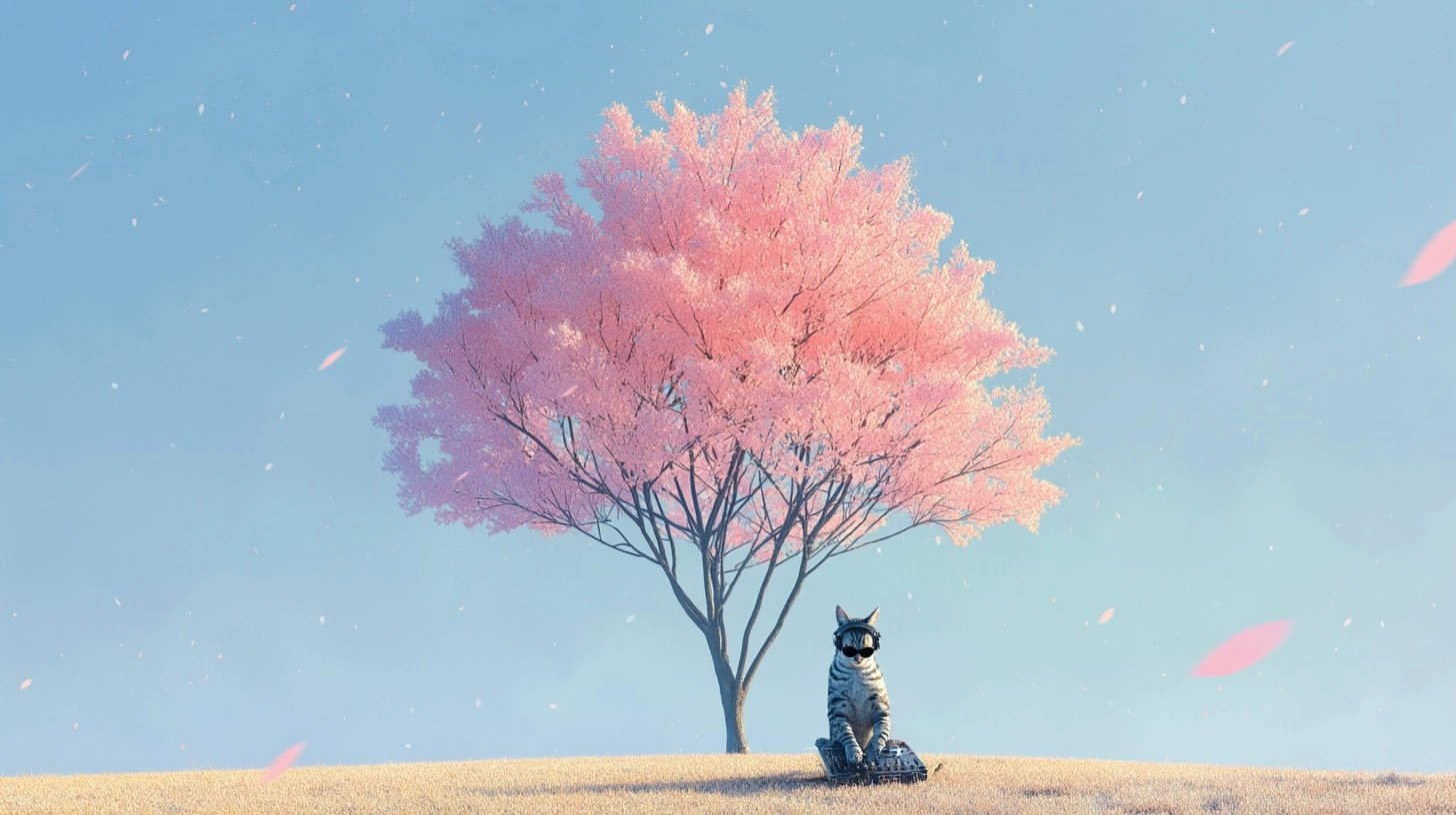 A breathtaking cinematic spring landscape with one magnificent single cherry blossom tree in full bl