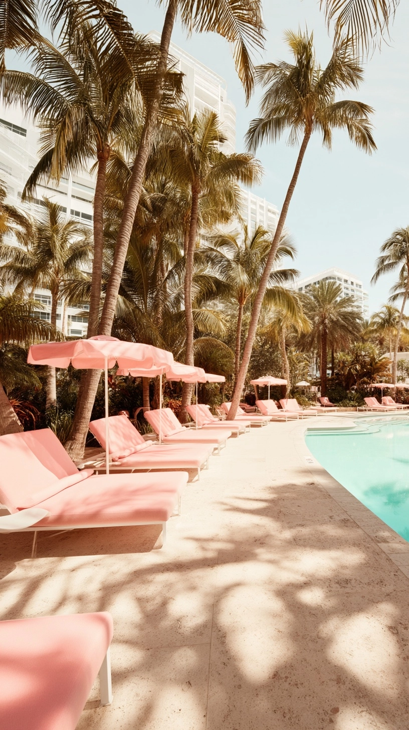 A bright tropical poolside scene surrounded by tall palm trees and lush greenery