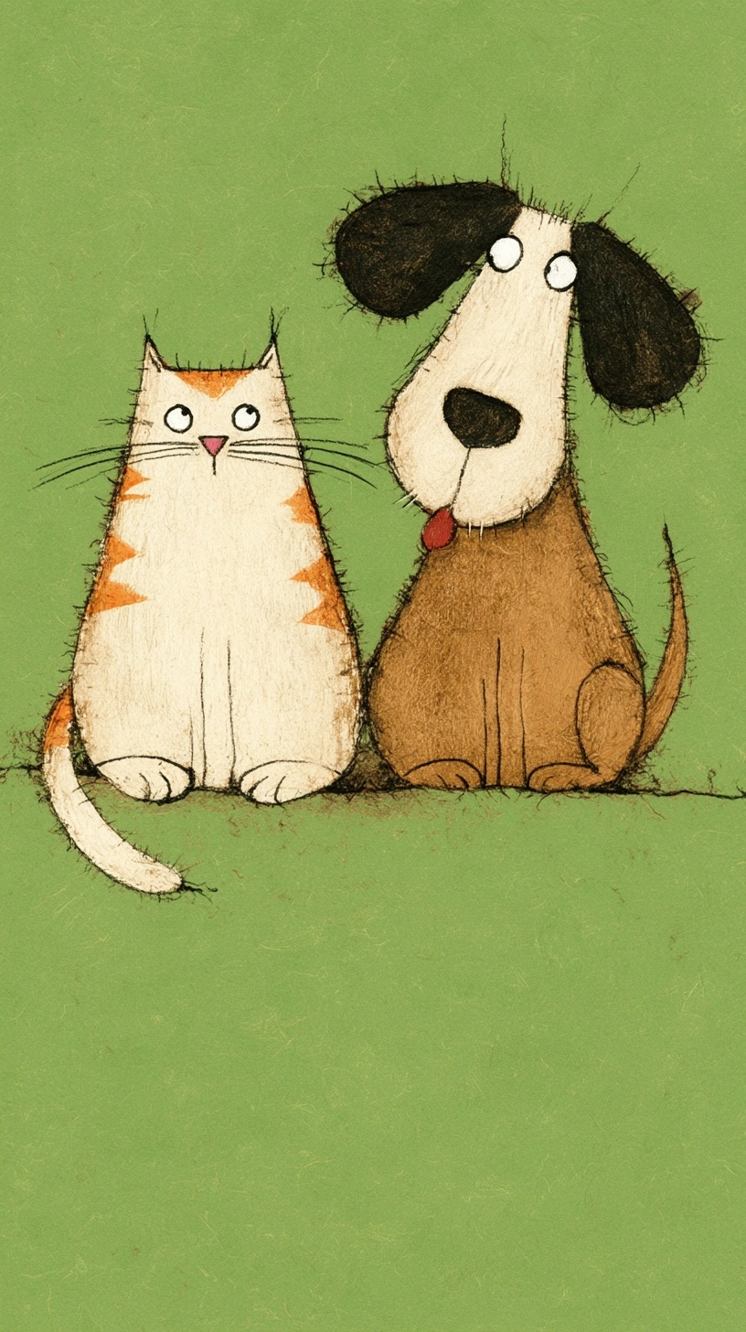 A cartoonish illustration of a cat and dog in Sam Toft's whimsical style, on a green background.
