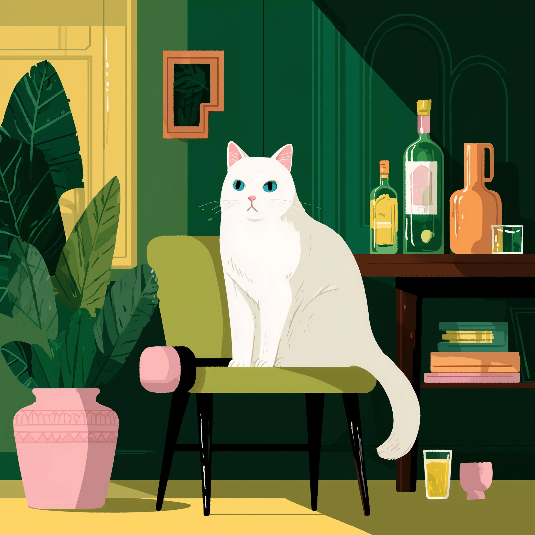 Modern flat illustration, minimal shapes, clean composition, mid-century color palette