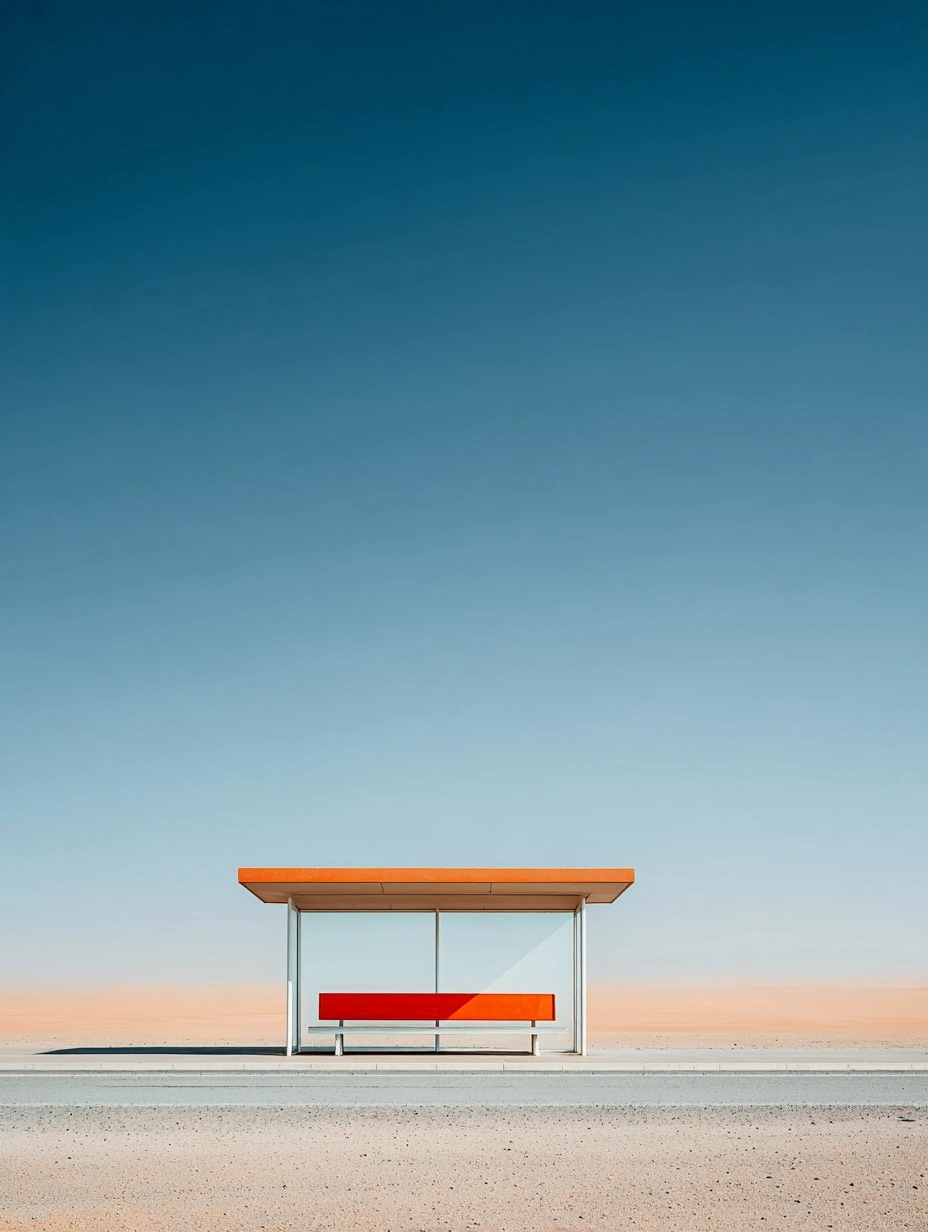 A cinematic 35mm film photograph of a modern bus stop consisting of a flat concrete bench and a thin