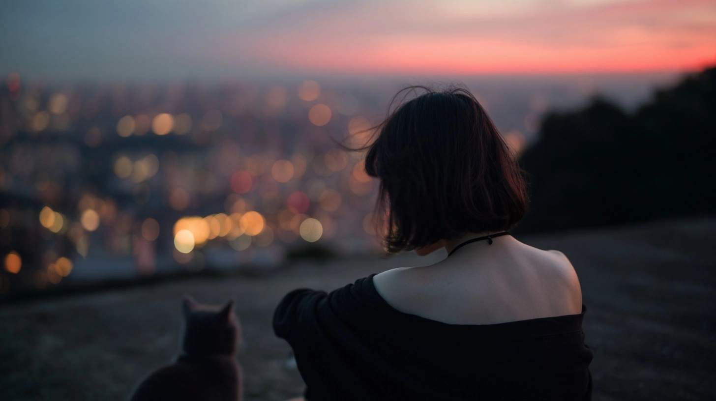 A cinematic close-up of an East Asian woman seen from behind, sitting in a gently curled posture