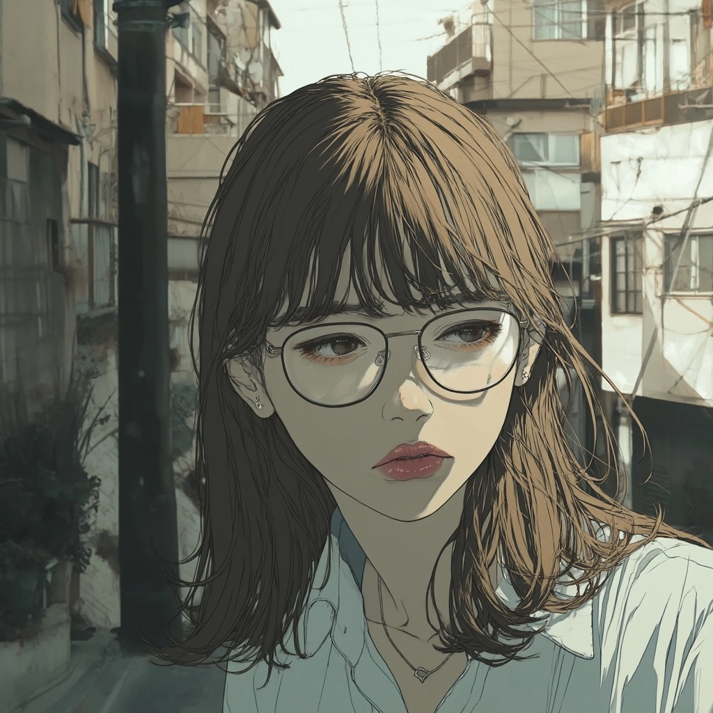 Young Woman with Glasses and Blunt Bangs