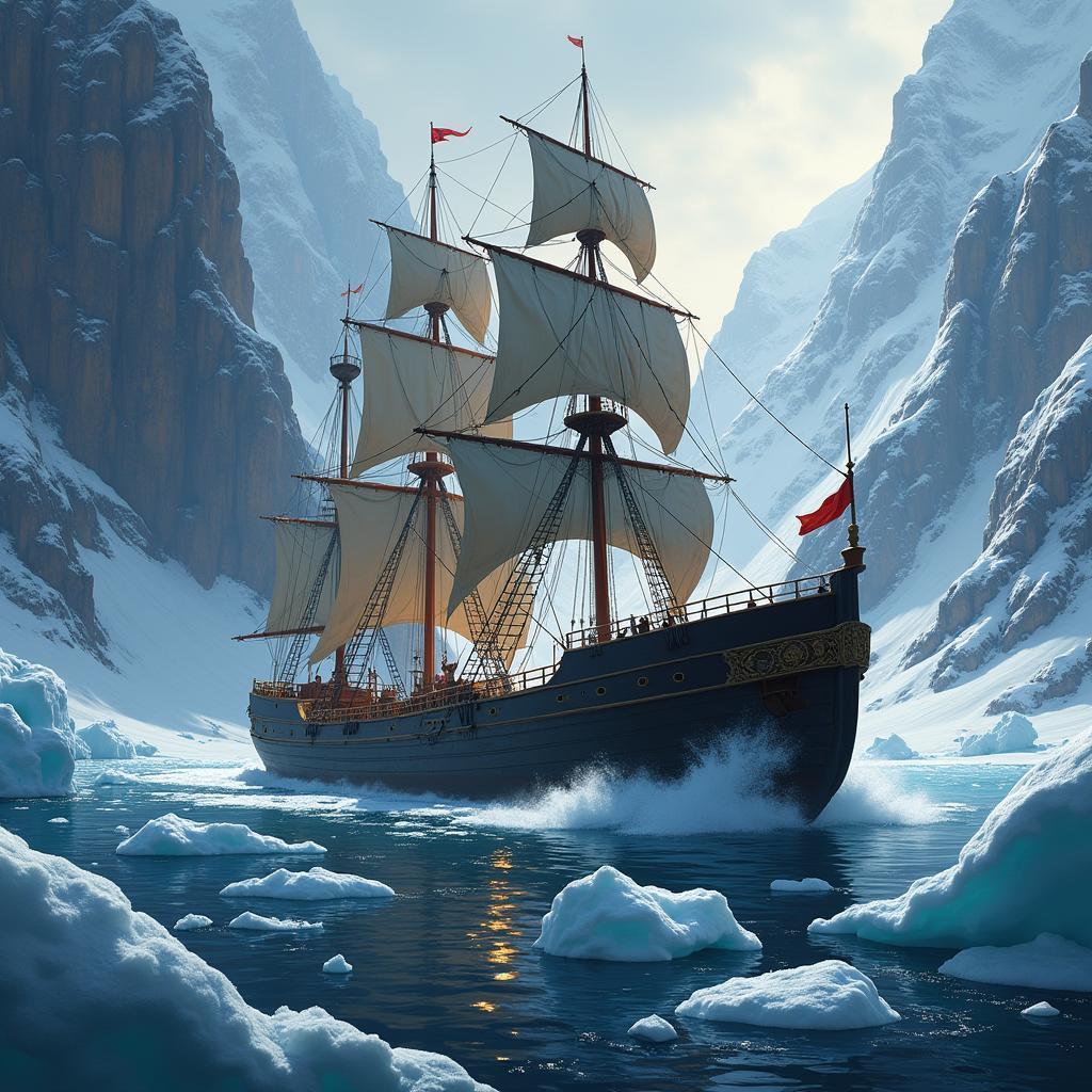 Ship MIGUSTRAHIL Cutting Through Icy Mountain Waters