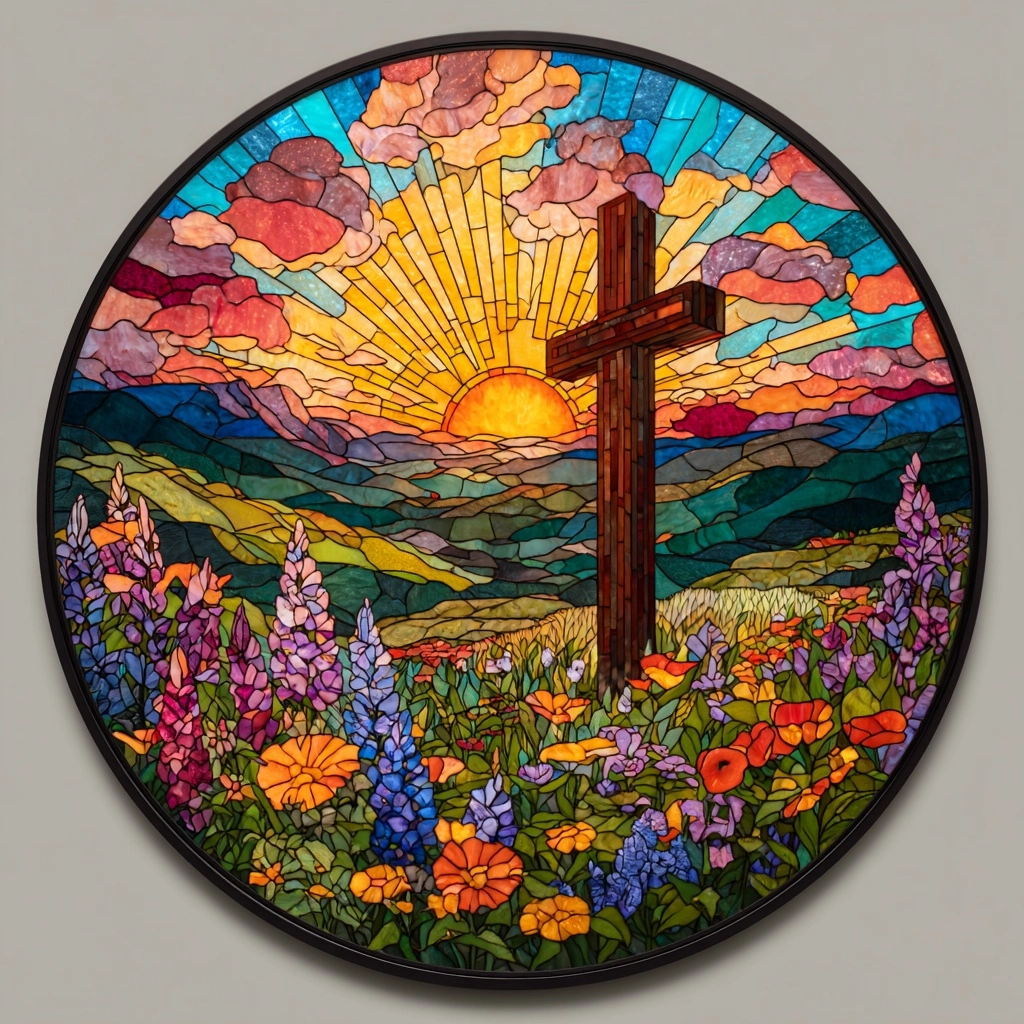 A circular stained glass artwork depicting a vibrant countryside at sunrise
