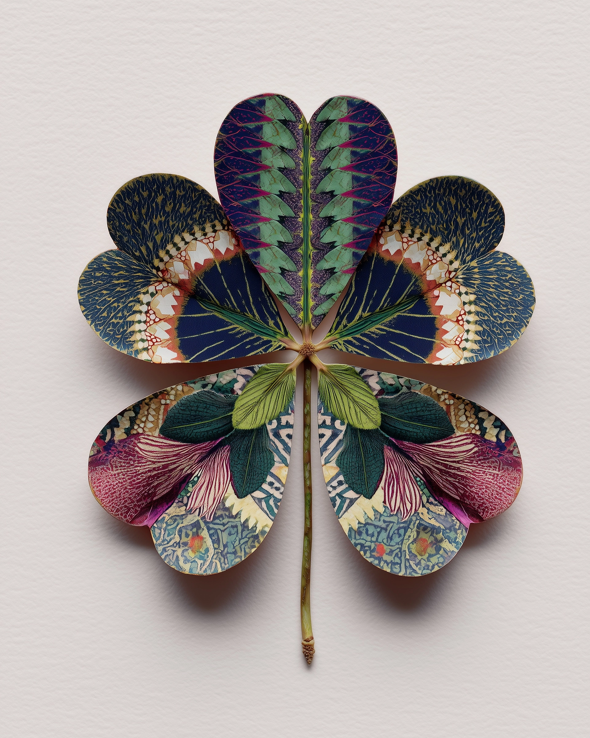 A hyperrealistic photo of one tropical colored lucky-clover with big berber indigenous print
