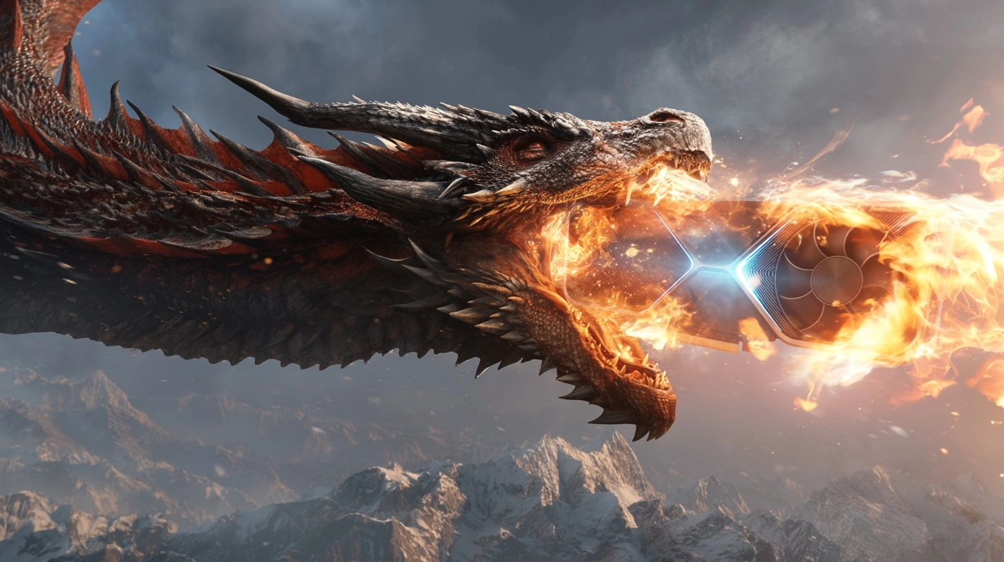 A dragon carrying an oversized glowing rgb rtx video card in its mouth with flames coming out around