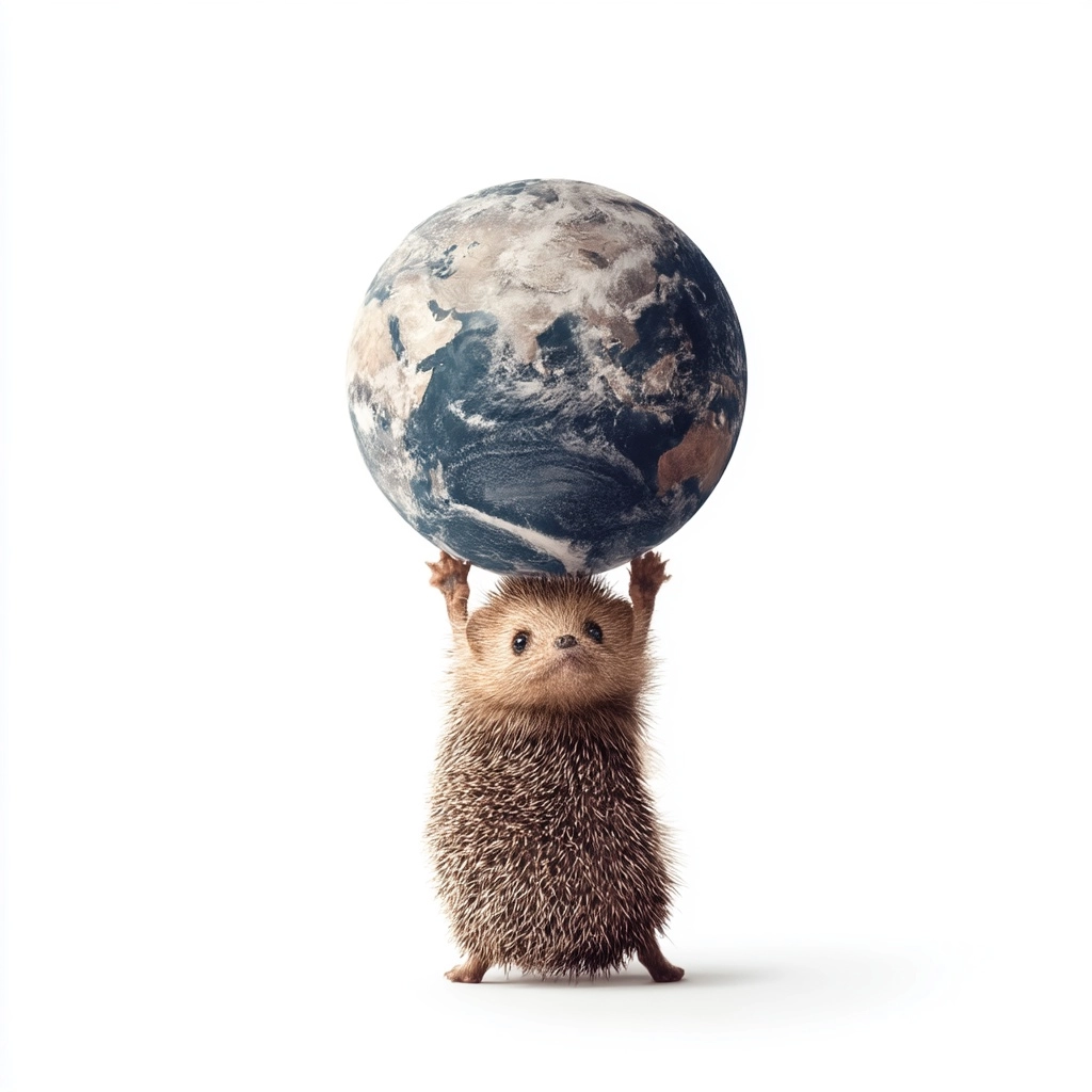 Hedgehog holding a big globe ball over his head realistic on white background