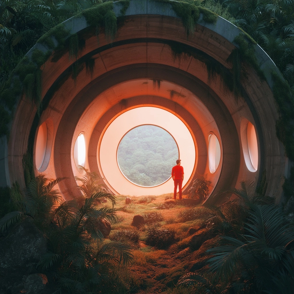 A detailed photograph of an underground concrete tunnel in the jungle
