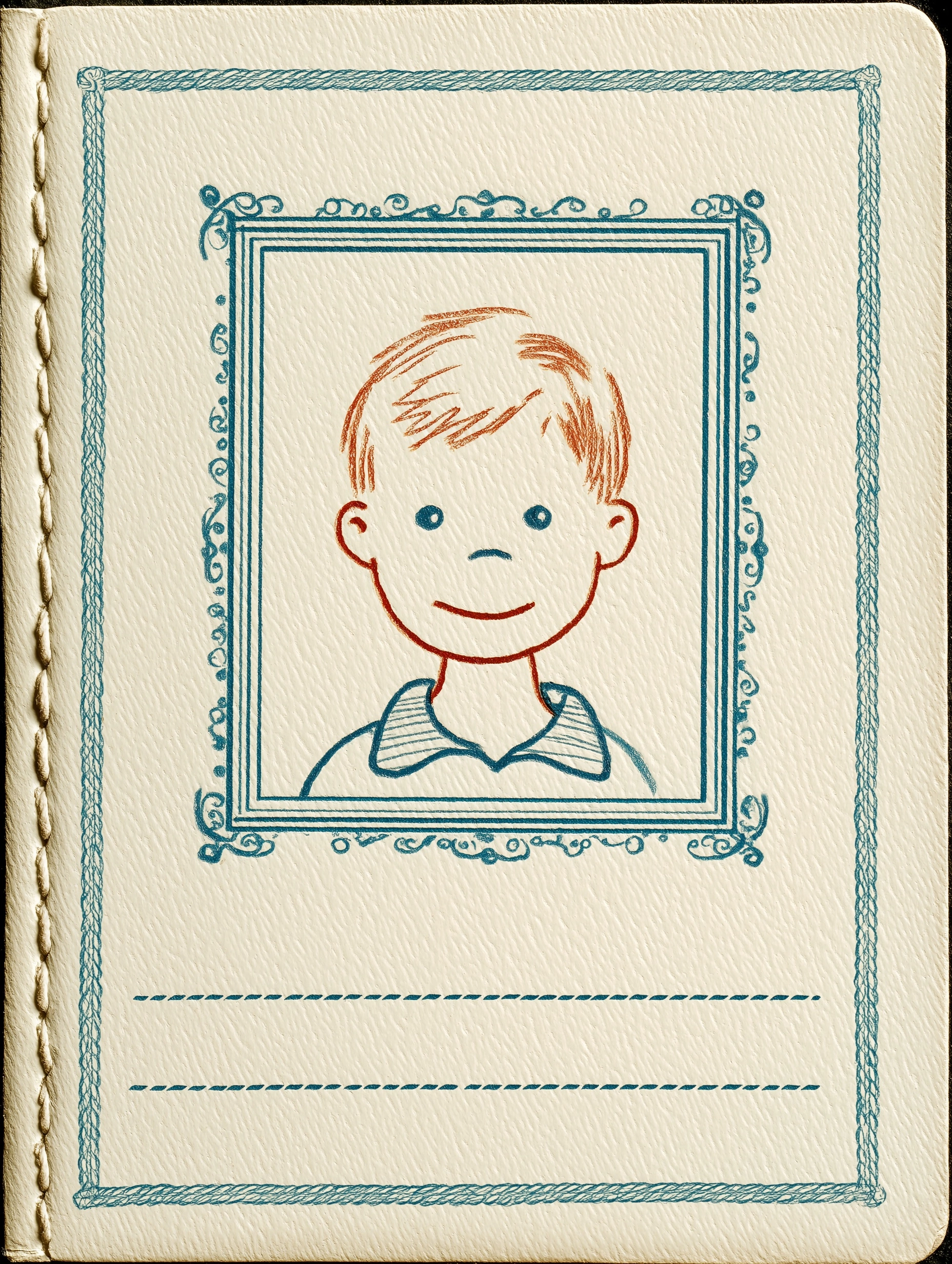 A Drawn young child idea of a passport cover with a frame and dotted lines for names writing etc and
