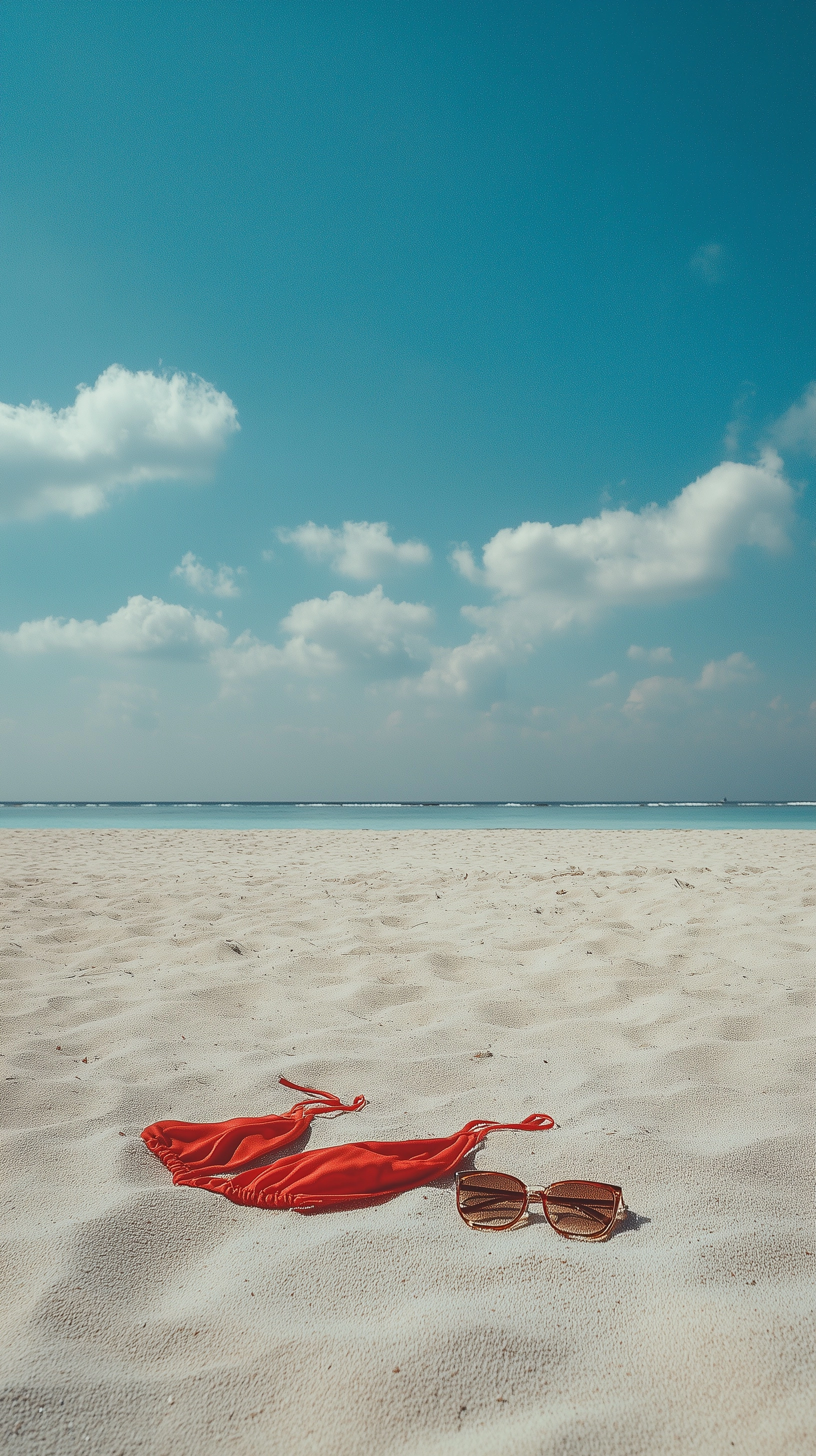 A empty beach and on the sand you can see a pair of sunglasses and a red bikini